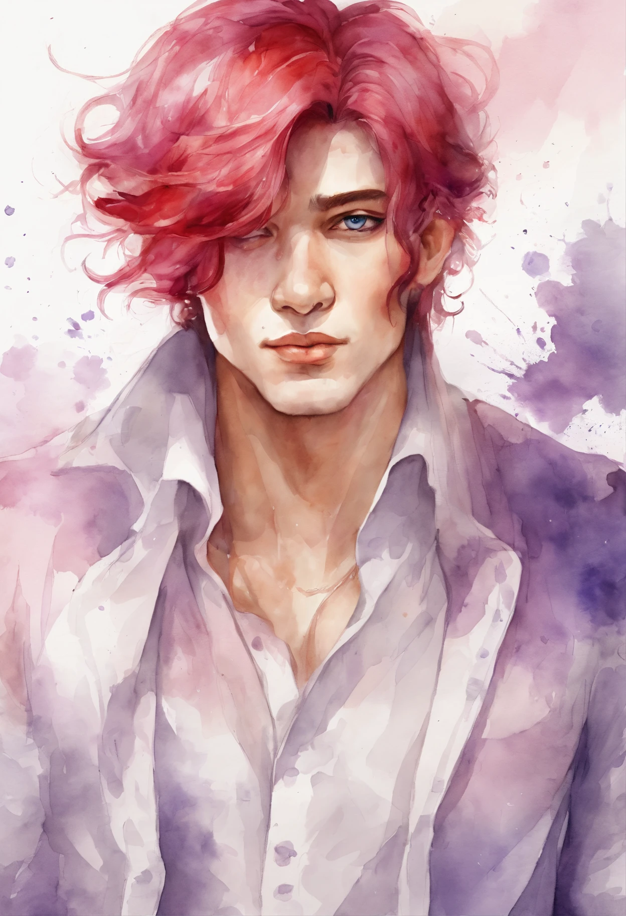 Man with long pink and red hair and white clothes, Handsome face, purple eyes, Highly detailed young anime, 4K Wall Paper Caricature, Anime boy, detailed anime character art.