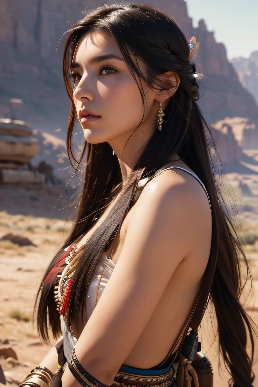 Portrait photo of Marie Avgeropoulas as Pocahontas, Young beautiful Native American woman, Perfect symmetry face, Indigenous Feather Jewelry, Traditional handmade dresses, Armed Female Hunter Warrior, (((Wild west))) environment, Utah Landscape, A hyper-realistic, Concept art, Elegant, ((Convoluted)), ((Highly detailed)), depth of fields, ((professionally color graded)), soft ambient lighting, Dusk, 8K, art by artgerm and greg rutkowski and alphonse mucha