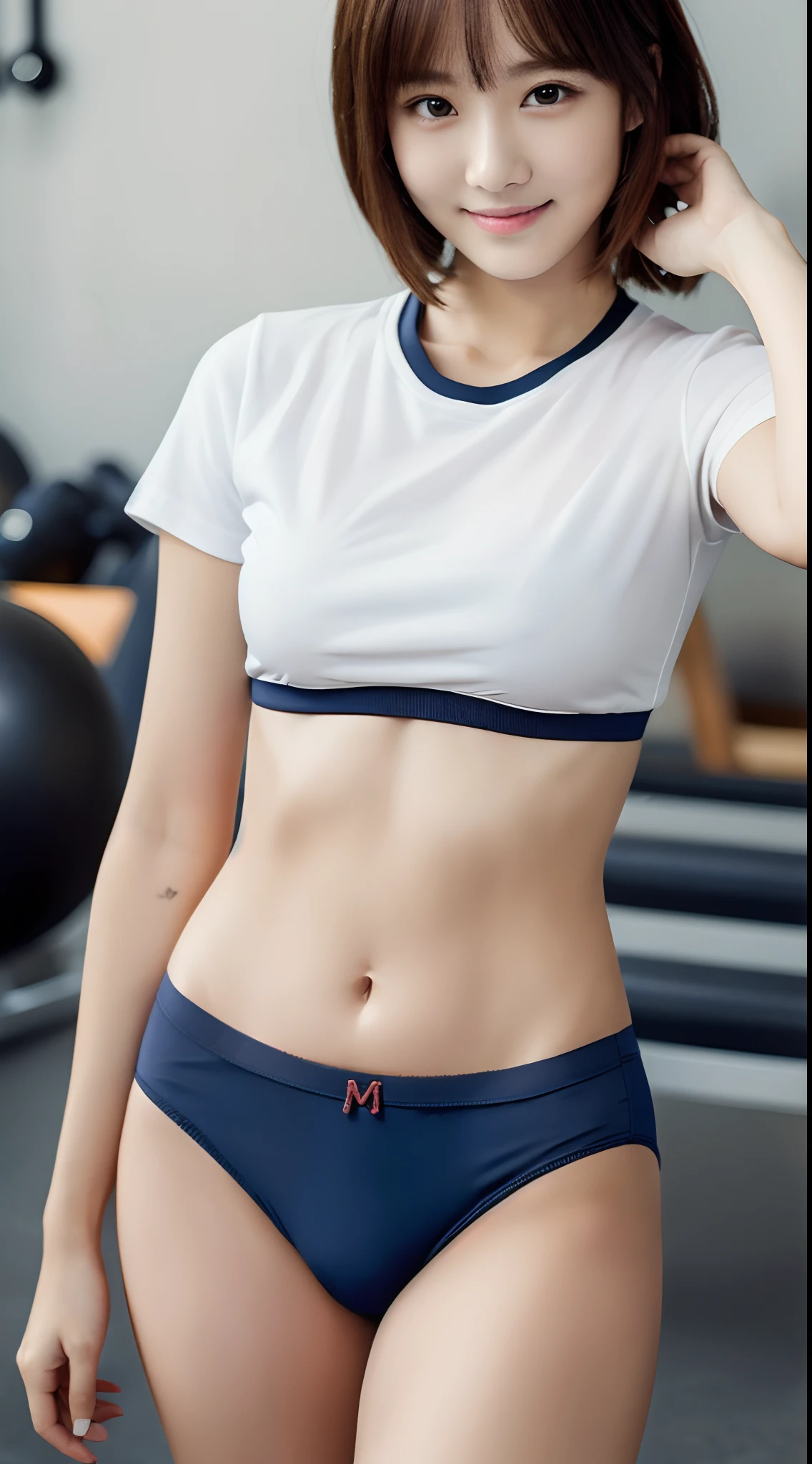 (((The color is dark navy blue only panties)))、((white t-shirts))、((1人))、(((short-hair)))、((Pose cutely))、((Indoor Gymnasium Court))、((18 year old beautiful girl))、A slight smil、((Outstanding style))、A sexy、Photorealsitic、Beautiful detailed eyes、Hyper-Realism、highcontrast、Ultra HD、realistic skin textures、Top image quality、top-quality、超A high resolution、Fine details、Very meticulously