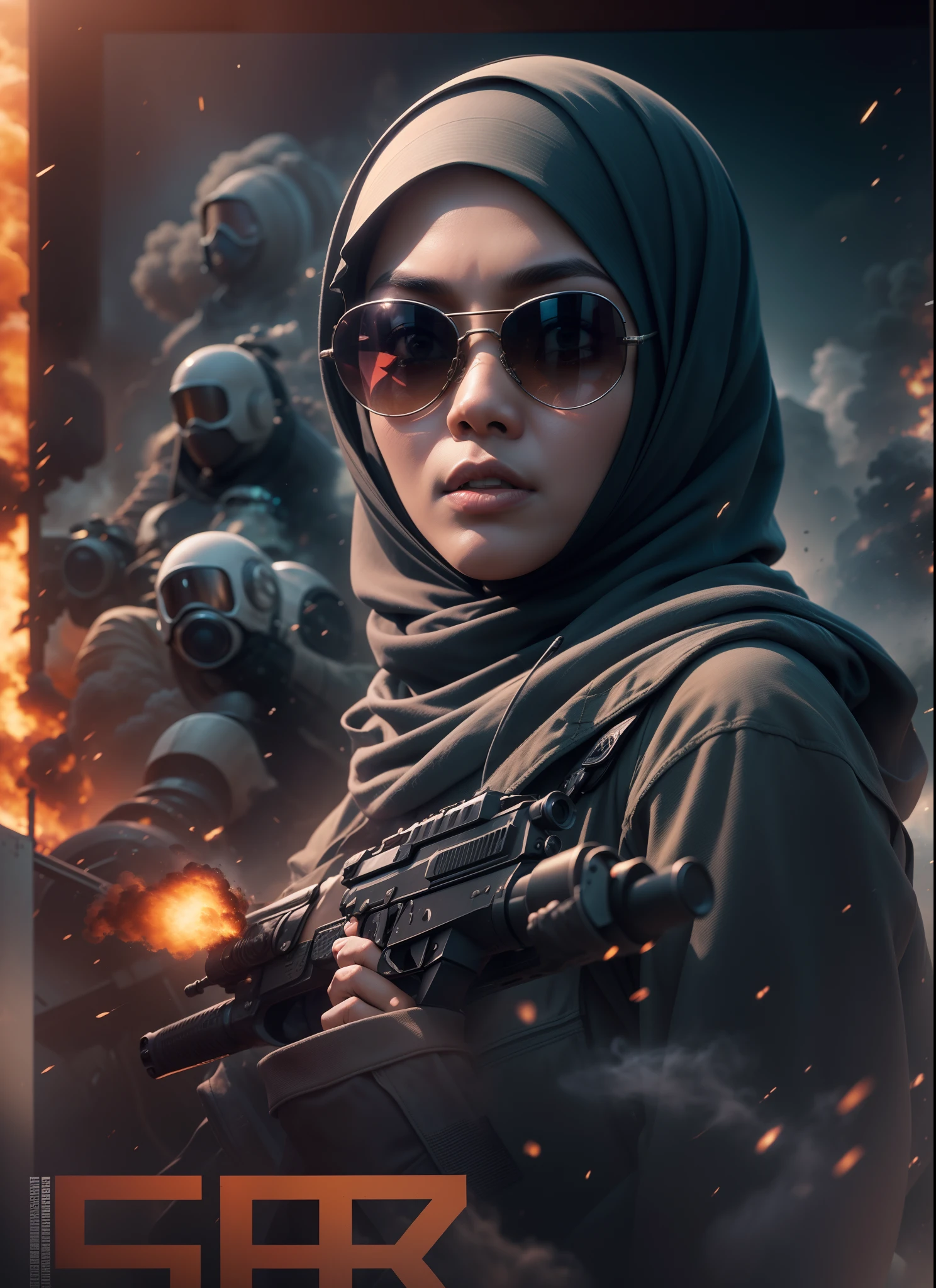 Medium breasted malay woman in hijab, sunglasses, sci-fi, with gun, explosions behind, movie poster, cinematic lighting, smoke effect at the bottom, movie shot framing, high quality, ultra detail, 8k, movie poster composition,