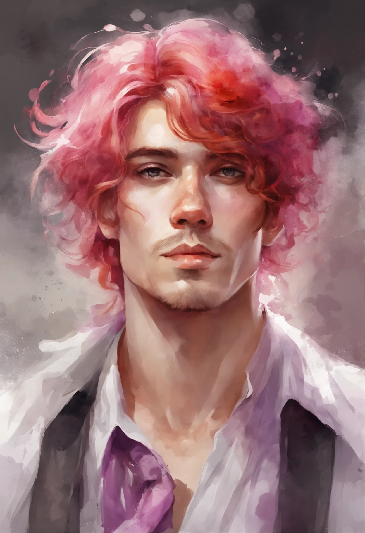 Man with long pink and red hair and white clothes, Handsome face, purple eyes, Highly detailed young anime, 4K Wall Paper Caricature, Anime boy, detailed anime character art.