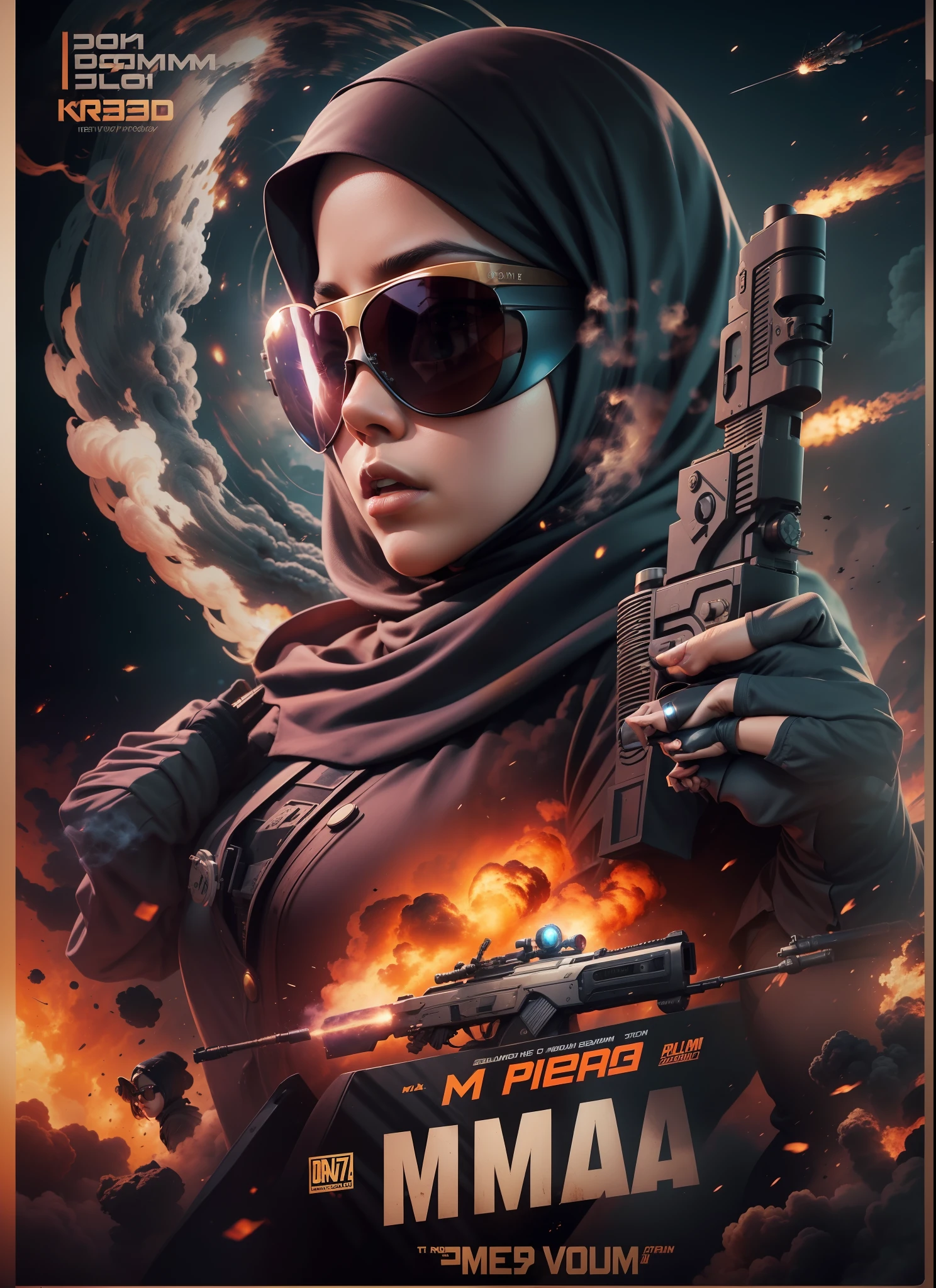 Medium breasted malay woman in hijab, sunglasses, sci-fi, with gun, explosions behind, movie poster, cinematic lighting, smoke effect at the bottom, movie shot framing, high quality, ultra detail, 8k, movie poster composition,
