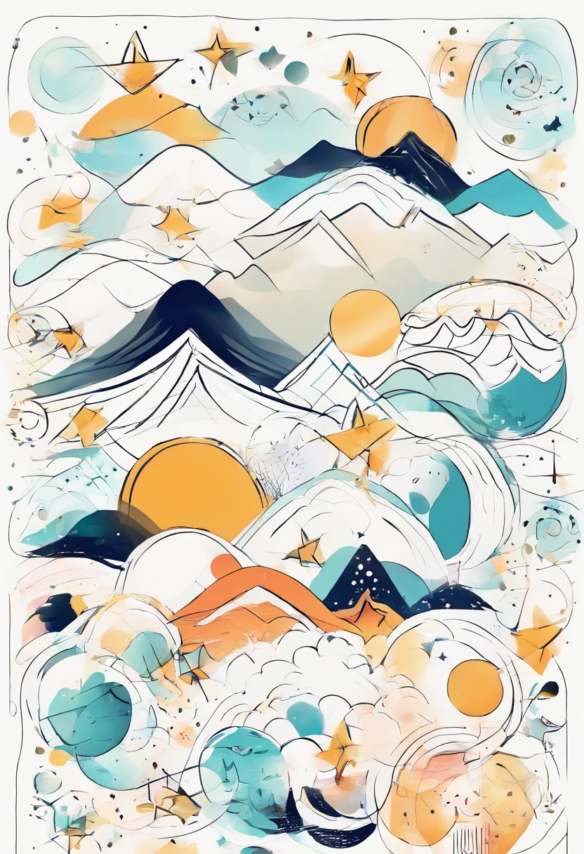 white backgrounid,Graphic circles,There are mountains in it、rios、There are stars on it