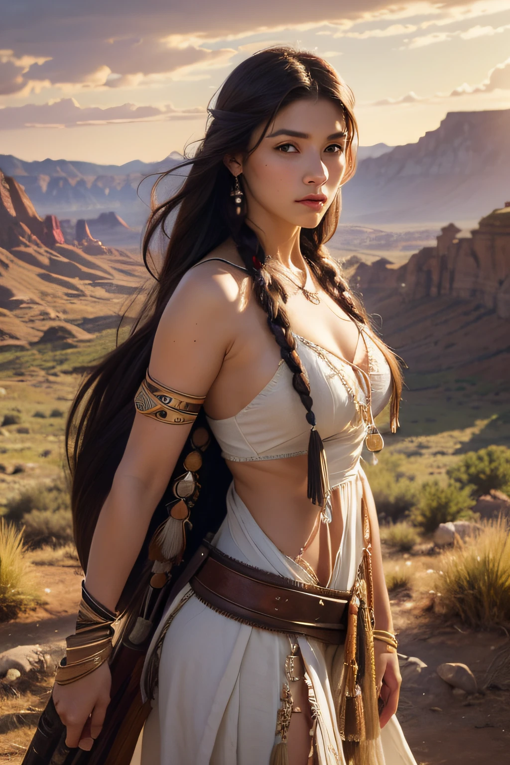 Portrait photo of Marie Avgeropoulas as Pocahontas, Young beautiful Native American woman, Perfect symmetry face, Indigenous Feather Jewelry, Traditional handmade dresses, Armed Female Hunter Warrior, (((Wild west))) environment, Utah Landscape, A hyper-realistic, Concept art, Elegant, ((Convoluted)), ((Highly detailed)), depth of fields, ((professionally color graded)), soft ambient lighting, Dusk, 8K, art by artgerm and greg rutkowski and alphonse mucha
