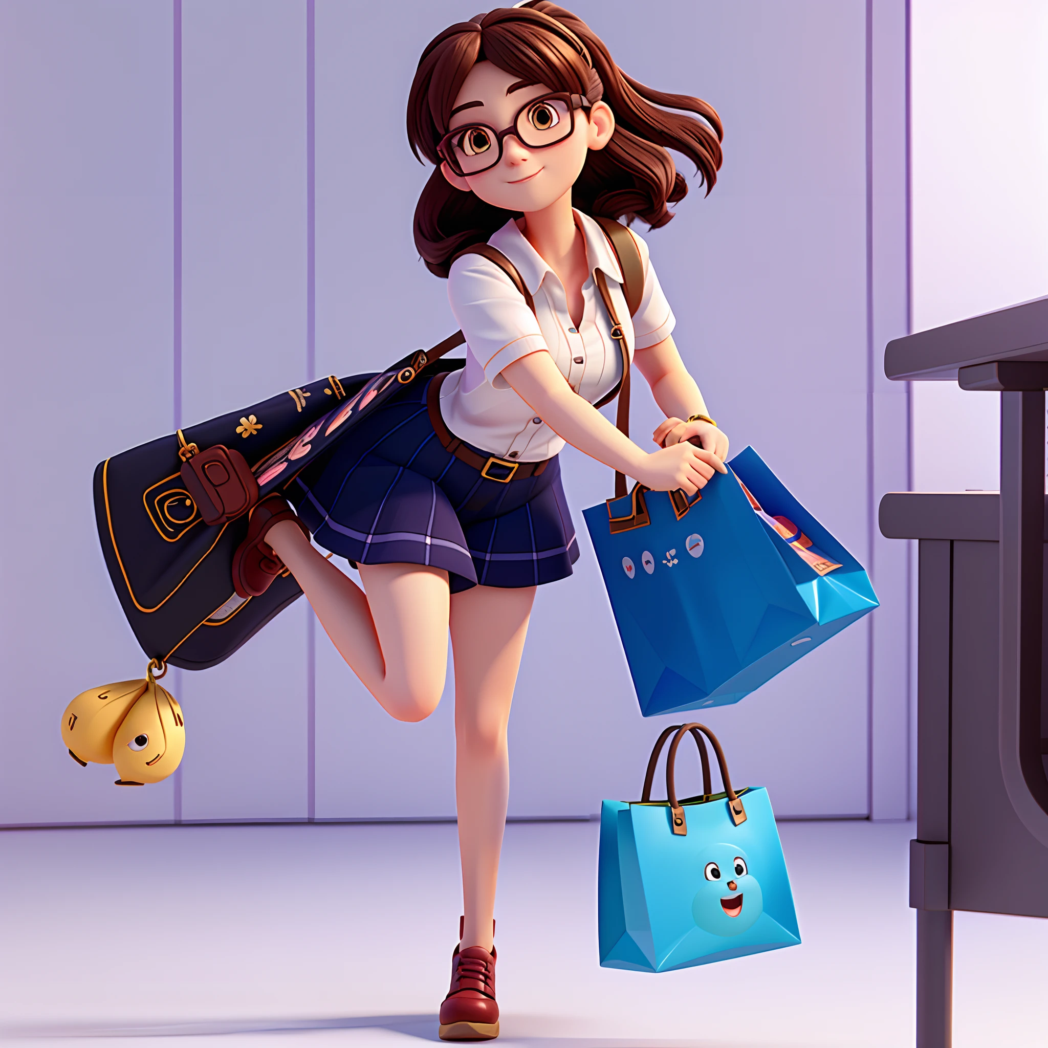 Close-up of a 30-year-old woman with a shopping bag,Wear glasses, Rendering of a cute 3D anime woman, trending on cgstation, Beautiful 3D rendering, 3D model of a Japanese mascot, 3D anime woman, render of april, anime styled 3d, 3 D rendering character art 8 K, 2 d cg, Anime woman on the run