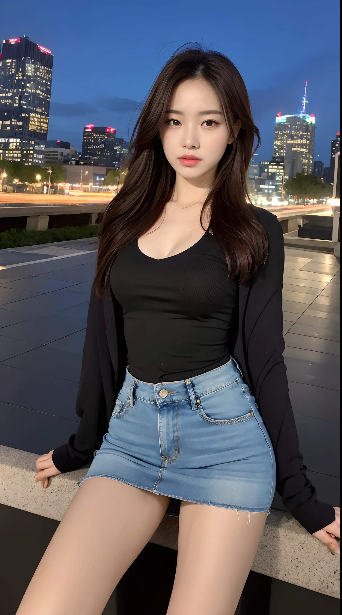 （（midynight， Acura， 8K， tmasterpiece： 1.3））， full bodyesbian， long leges， Focalors： 1.2， perfect figure beautiful woman： 1.4， Slim abs： 1.1， （dark brown  hair，： 1.2 ））， （Skinny cardigan， Denim skirt）， （city night scene， the roof： 1.3））， Highly Detailed Face and Skin Textur， detailedeyes， 二重まぶた， halfway