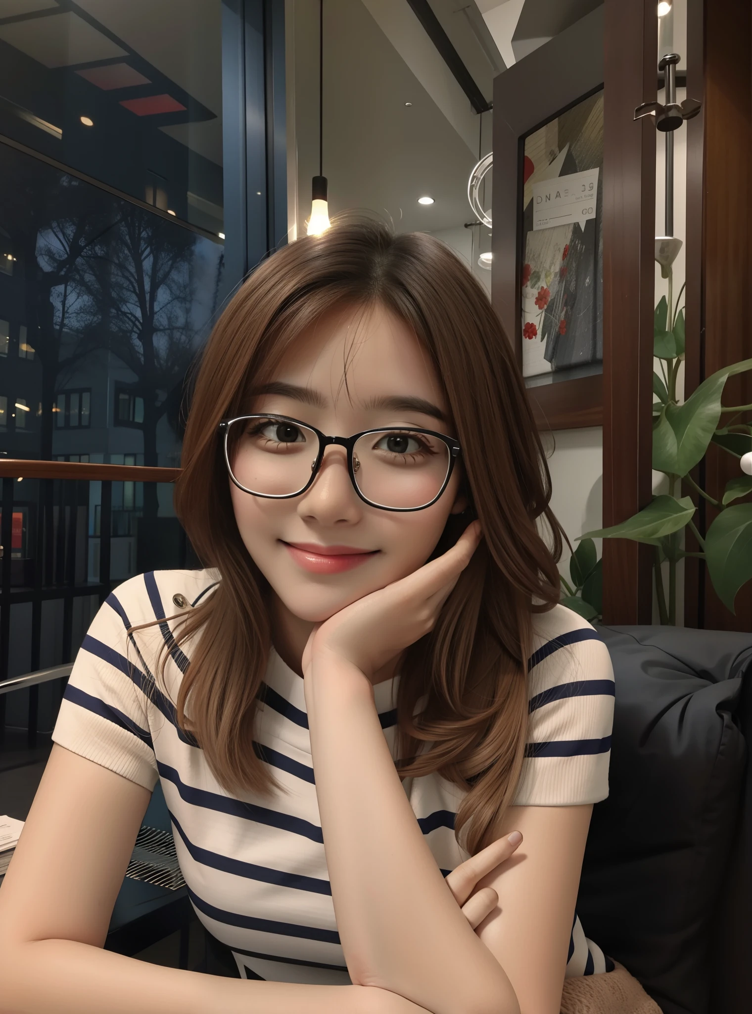 realistic, 1 girl, shining eyes, smile、brown hair、Ultra high definition、Round frame glasses、office、suit、officeチェア、Laptop、white dress shirt