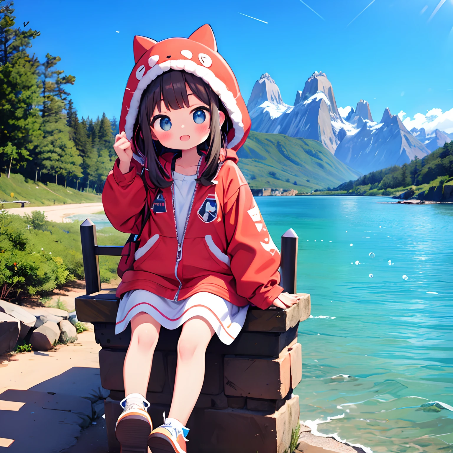 Tourism in Patagonia、Fitz Roy、Kawaii Girl、Patagonia Costumes、happily face、、Brown skin、​masterpiece、top-quality、Top image quality