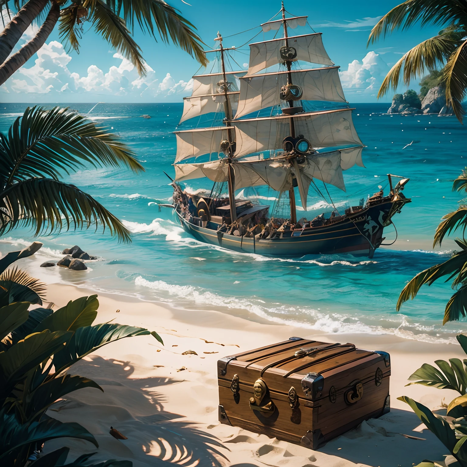golden beaches, crystal clear waters, palm trees, hidden caves, pirate ship, treasure chest, sparkling jewels, skull and crossbones, adventurous spirit, tropical paradise, buried treasure, X marks the spot, wooden plank, deserted island, shimmering gold, swashbuckling, pirate flag, sea breeze, parrot on the shoulder, captain's hat, pirate sword, treasure map, secret hideout.