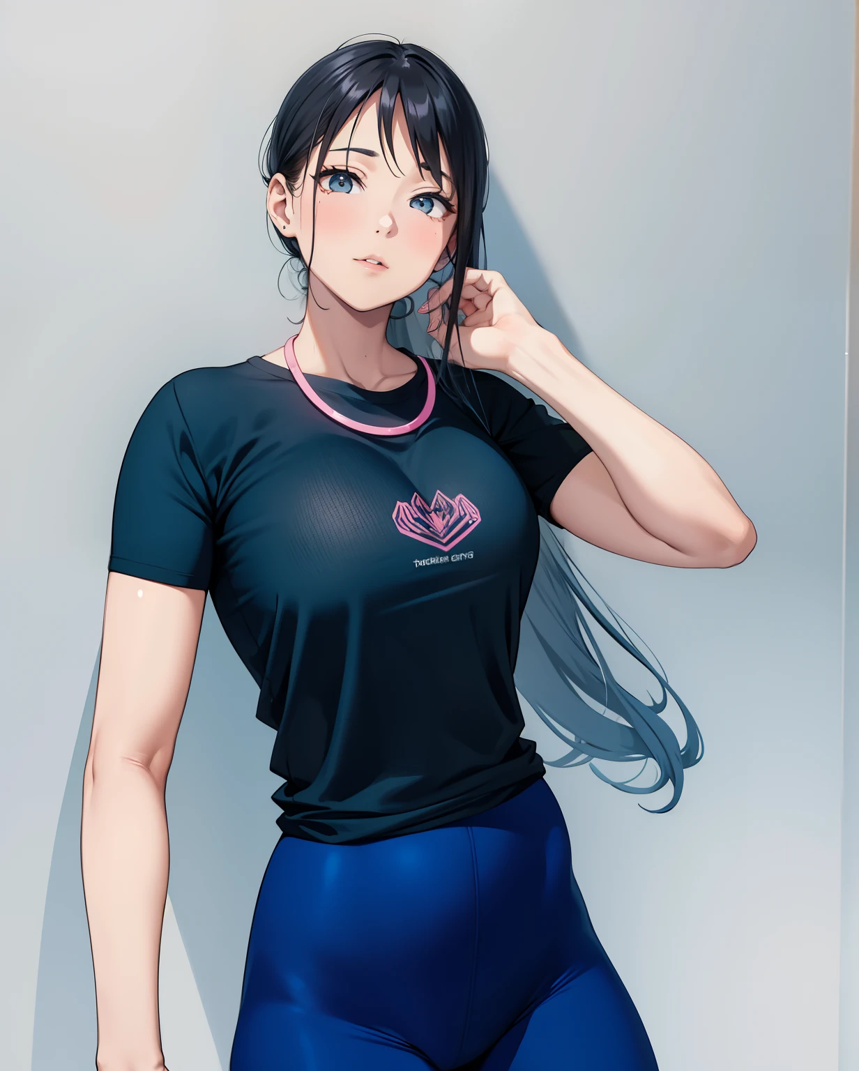 Woman in black shirt and blue yoga pants posing for a photo, thicc, huge tit, Slender waist, Plump ??????, Long-legged dirt, Fitness model, He wears a pink ring around his neck