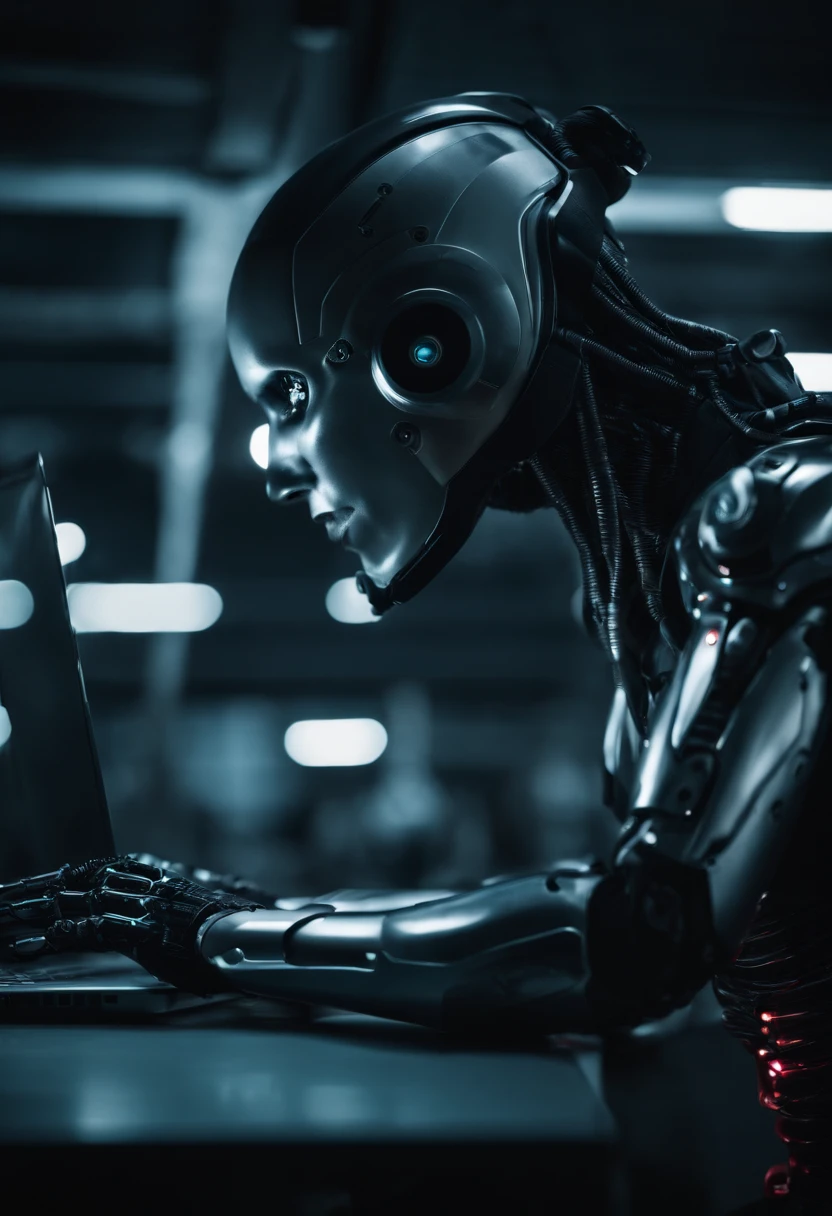 Ein futuristischer Cyborg mit einem Laptop macht eine Daumen-hoch-Geste