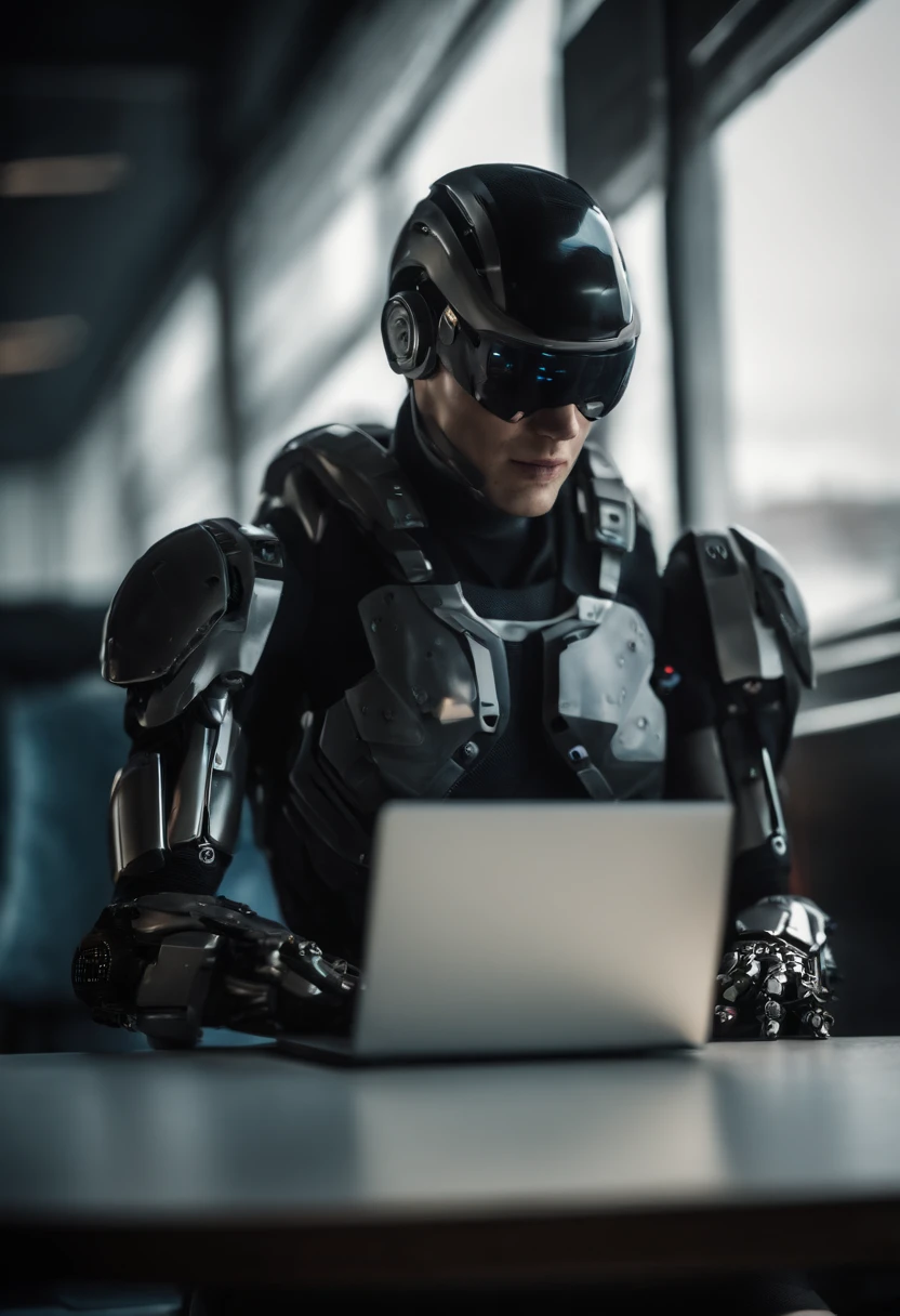 Ein futuristischer Cyborg mit einem Laptop macht eine Daumen-hoch-Geste