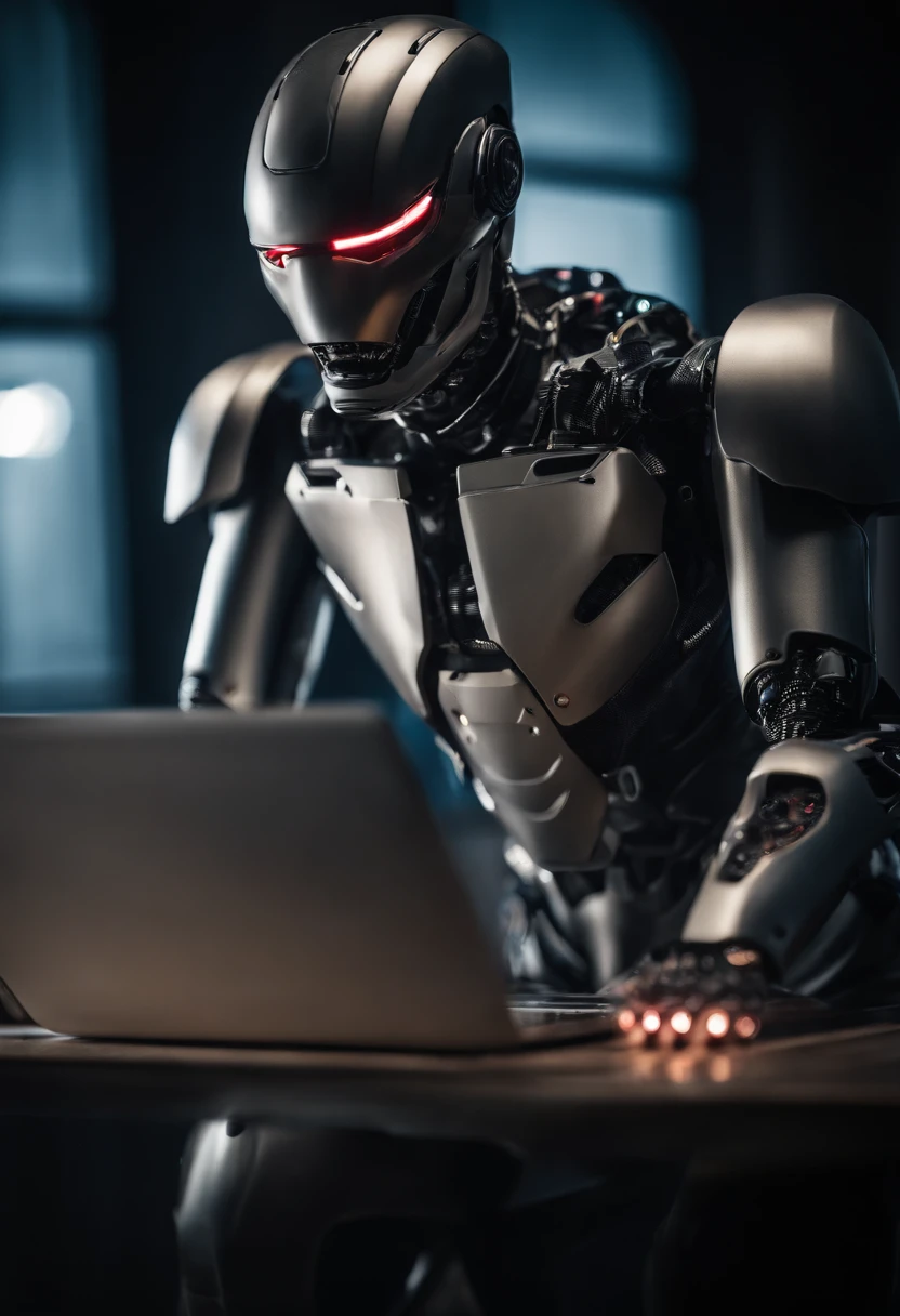 сложный 3D-рендер, ultra detailed beautiful porcelain android woman face, Young woman sitting at the computer in a friendly position with sexual overtones, zolotisní world, robotic details, 150 mm, Beautiful studio soft light, Edge light, Vivid details, luxurious cyberpunk, lace, A hyper-realistic, anatomical, facial muscles, cable, electrical wires, microchip, elegant, Beautiful background, Octane imaging, HR Giger Style, 8K, beste-Qualit, tmasterpiece, illustartion, Extremely thin and beautiful, Extremely detailed, computer graphics, unity, wallpapers, (realisti, photo-realistic: 1,37), breath taking, Finely detailed, tmasterpiece, beste-Qualit, official arts, extremely detailed wallpapers Computer graphics Unity 8K, Absurd, Incredibly absurd, a robot, Silver helmet, The whole body, sedentary