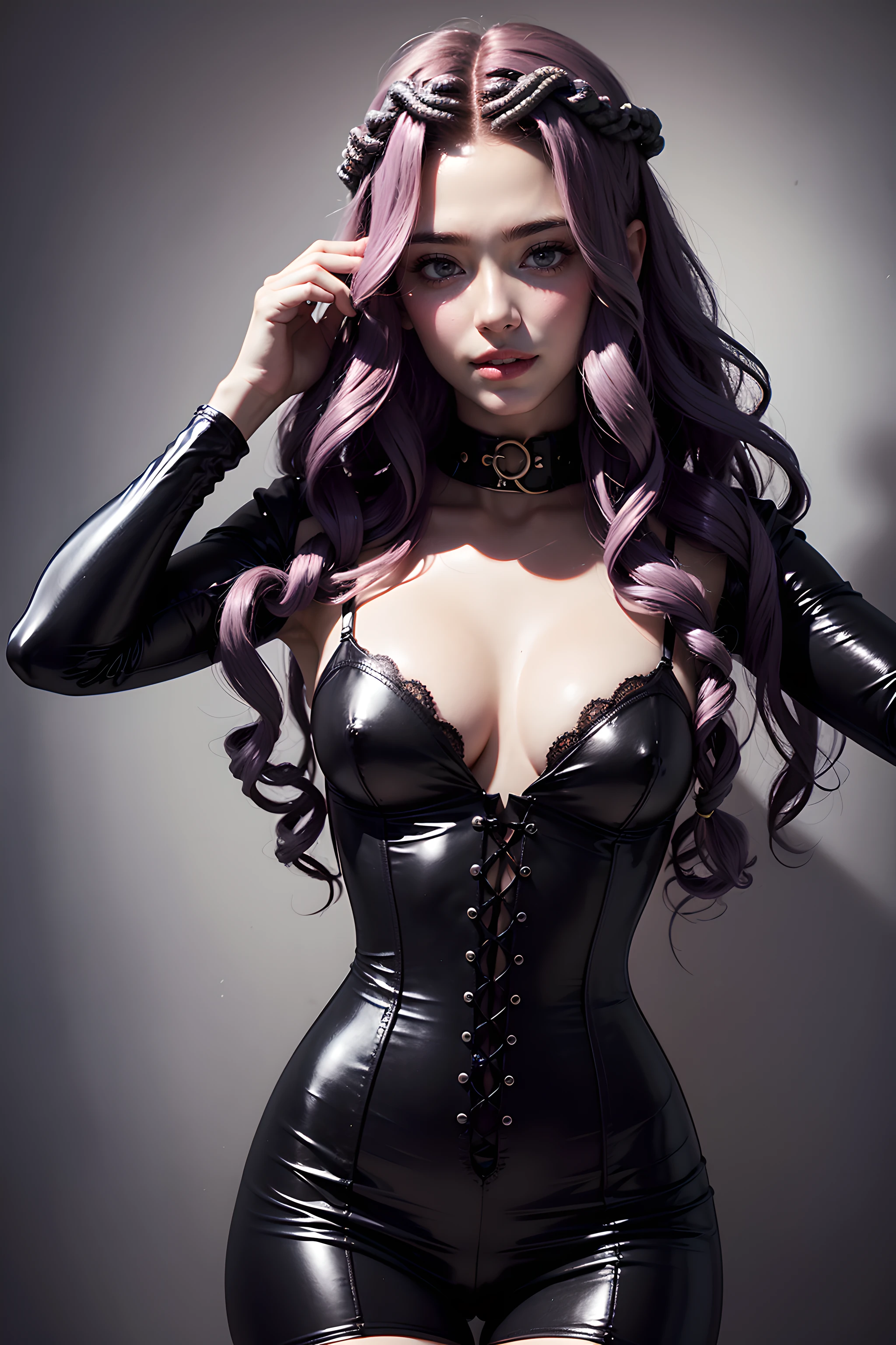 (Halloween theme:1.2), (fantasy:1.2), (dark theme:1.2), (film noir:1.3), monster girls, long hair, snakes, gorgon, snake hair, BREAK, Beautiful illustration, top-quality, (cute Russian medusa girl, white people:1.3, Caucasian:1.3), having medusa features, (medusa:1.5), BREAK, (medusa hair:1.5), (snake hair:1.3), (hair is composed of countless small snakes:1.3), (blue eyes, pale skin:1.1), (beautiful, 20 years old:1.5), slim, slender, (small-medium breasts), clean face:1.3, BREAK, (black elegant full lacy dress), (latex corset), (black latex stockings), (knee-high-over-boots, pin-hells), (insanely detailed clothes), BREAK, arms behind back, arms up on head, blue eyess, lovely thighs、(looking straight at the viewer), (view viewer:1.3), (upper body:1.3), from above,