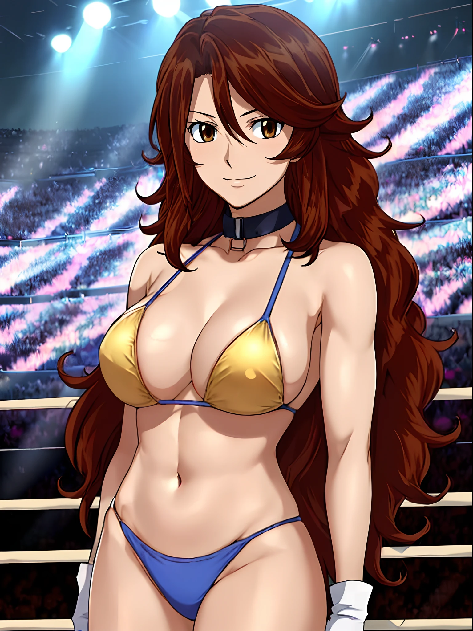 hug, Elegant lady, (upper body only), anime style: 1.8, anime drawing, ultra detailed face, ultra detailed body, 4k, Sumergai Lee Noriega, (standing), best quality, anime style, hires, highest definition, digital blending, bold drawing lines, ((wwe diva), (location: wrestling arena, crowds watching), ( slim body, (little biceps), , off-shoulders, closed fists, (curvy: 2.8)), ((g-string bikini, only, white gloves, collar, armpit protector, chaps)), victorious, winner, gentle, (pale skin, shiny skin, very big breasts, smile), (big eyes, brown eyes), (clapping), (brown hair, loose hair, curly hair, wavy hair, long hair, missy hair), 27 years old,