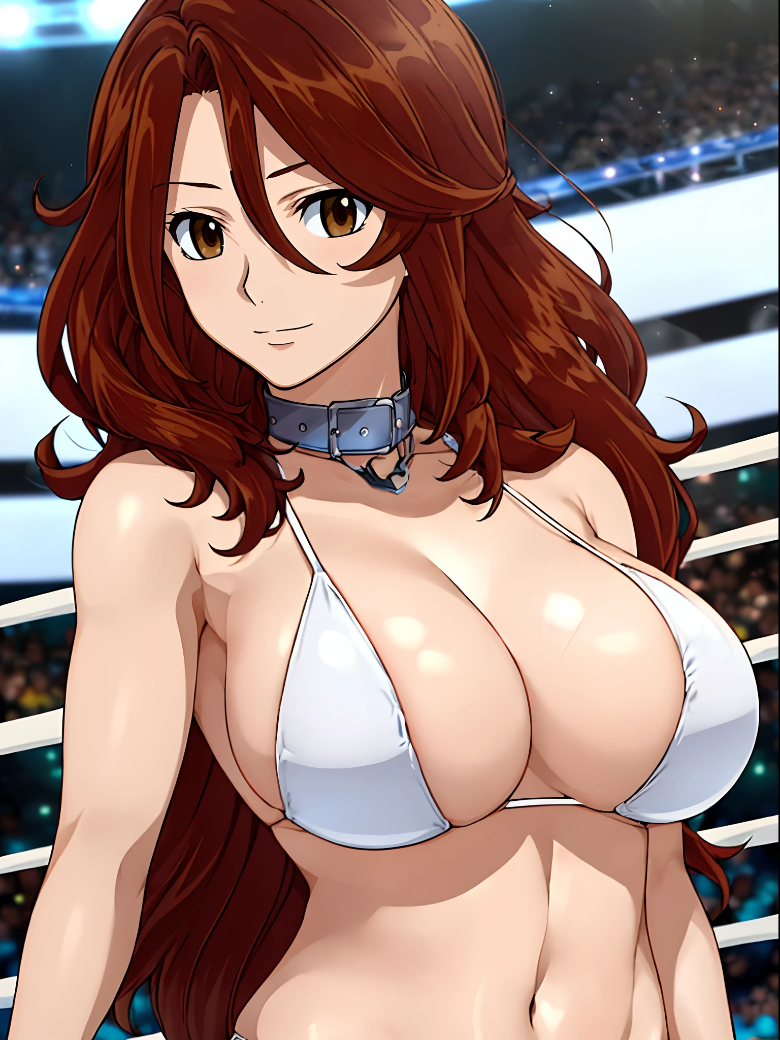 hug, Elegant lady, (upper body only), anime style: 1.8, anime drawing, ultra detailed face, ultra detailed body, 4k, Sumergai Lee Noriega, (standing), best quality, anime style, hires, highest definition, digital blending, bold drawing lines, ((wwe diva), (location: wrestling arena, crowds watching), ( slim body, (little biceps), , off-shoulders, closed fists, (curvy: 2.8)), ((g-string bikini, only, white gloves, collar, armpit protector, chaps)), victorious, winner, gentle, (pale skin, shiny skin, very big breasts, smile), (big eyes, brown eyes), (clapping), (brown hair, loose hair, curly hair, wavy hair, long hair, missy hair), 27 years old,