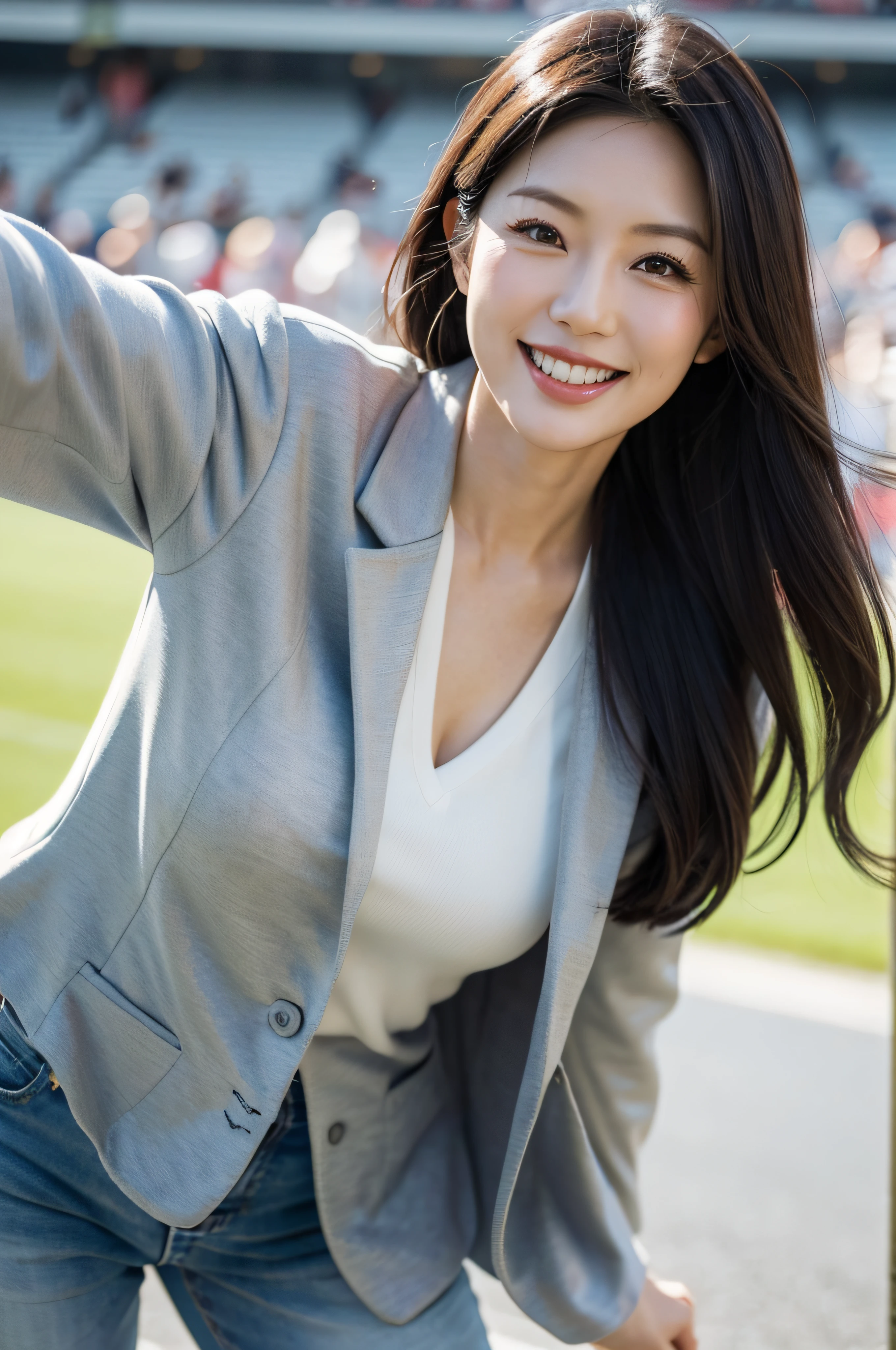A Japanese milf, one shot, 40s woman, Slender figure, Realistic teeth, double eyelids, standing, full-length, smile, upturned eyes, background is Rugby Stadium