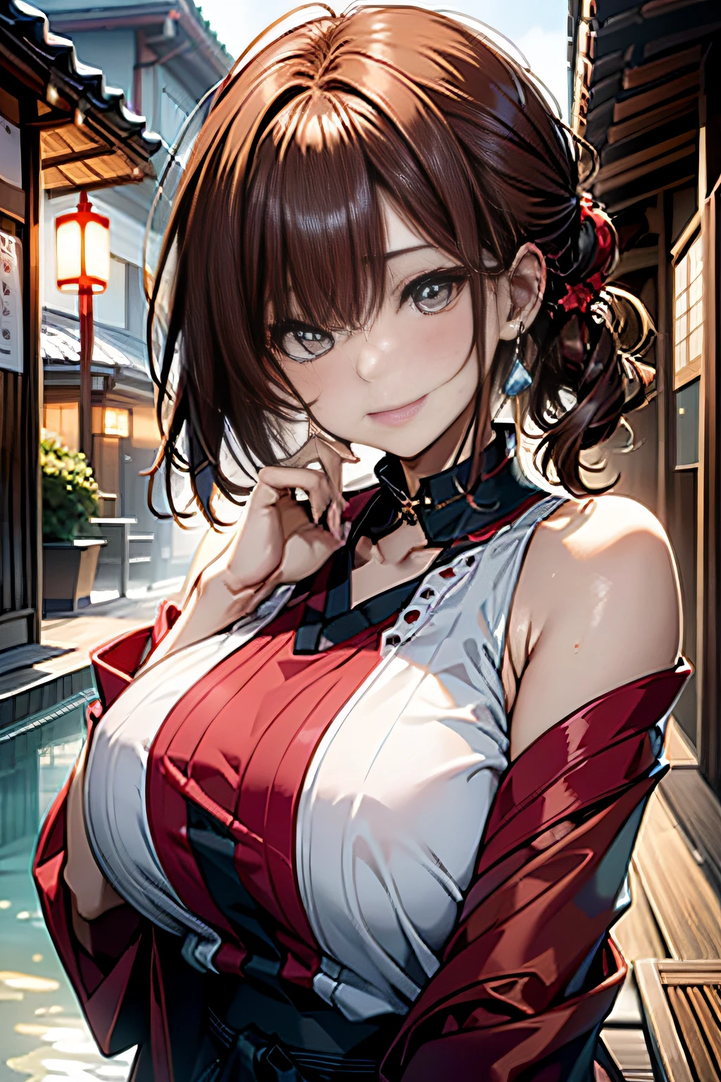 Hot spring resorts in Japan,(Hot water smoke to prevent visibility,Steaming steam,water vapour:1.3),(Rock bath open-air bath:1.3),(Take a deep shoulder soak in the open-air bath:1,3),Blushing cheeks、shyly smile、(beautiful a girl)、(short hair of red-brown color、hair pin、poneyTail、Floating hair、)Colossal tits、Blush with embarrassment、Enraptured eyes、A smile that beguiles the viewer、Look into the photographer、skin glistening with sweat、gazing at viewer、Upper body naked、,48 years old Shirtless、a necklace、piercings、pointed red mouth,Perfect round face,,Proper body proportion,Intricate details,Very delicate and beautiful hair,photos realistic,Dreamy,Professional Lighting,realistic shadow,Solo Focus,Beautiful hands,Beautiful fingers,Detailed finger features,detailed clothes features,Detailed hair features,detailed facial features,(masutepiece,top-quality,Ultra-high resolution output image,) ,(The 8k quality,),(Image Mode Ultra HD,)