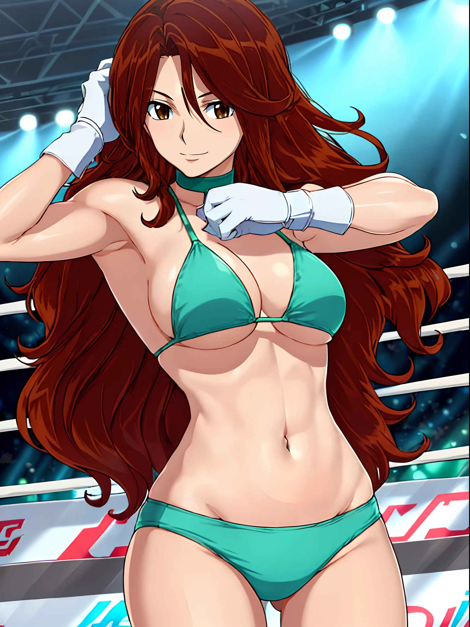 hug, Elegant lady, (upper body only), anime style: 1.8, anime drawing, ultra detailed face, ultra detailed body, 4k, Sumergai Lee Noriega, (standing), best quality, anime style, hires, highest definition, digital blending, bold drawing lines, ((wwe diva), (location: wrestling arena, crowds watching), ( slim body, (little biceps), , off-shoulders, closed fists, (curvy: 2.8)), ((g-string bikini, only, white gloves, collar, armpit protector, chaps)), victorious, winner, gentle, (pale skin, shiny skin, very big breasts, smile), (big eyes, brown eyes), (clapping), (brown hair, loose hair, curly hair, wavy hair, long hair, missy hair), 27 years old,