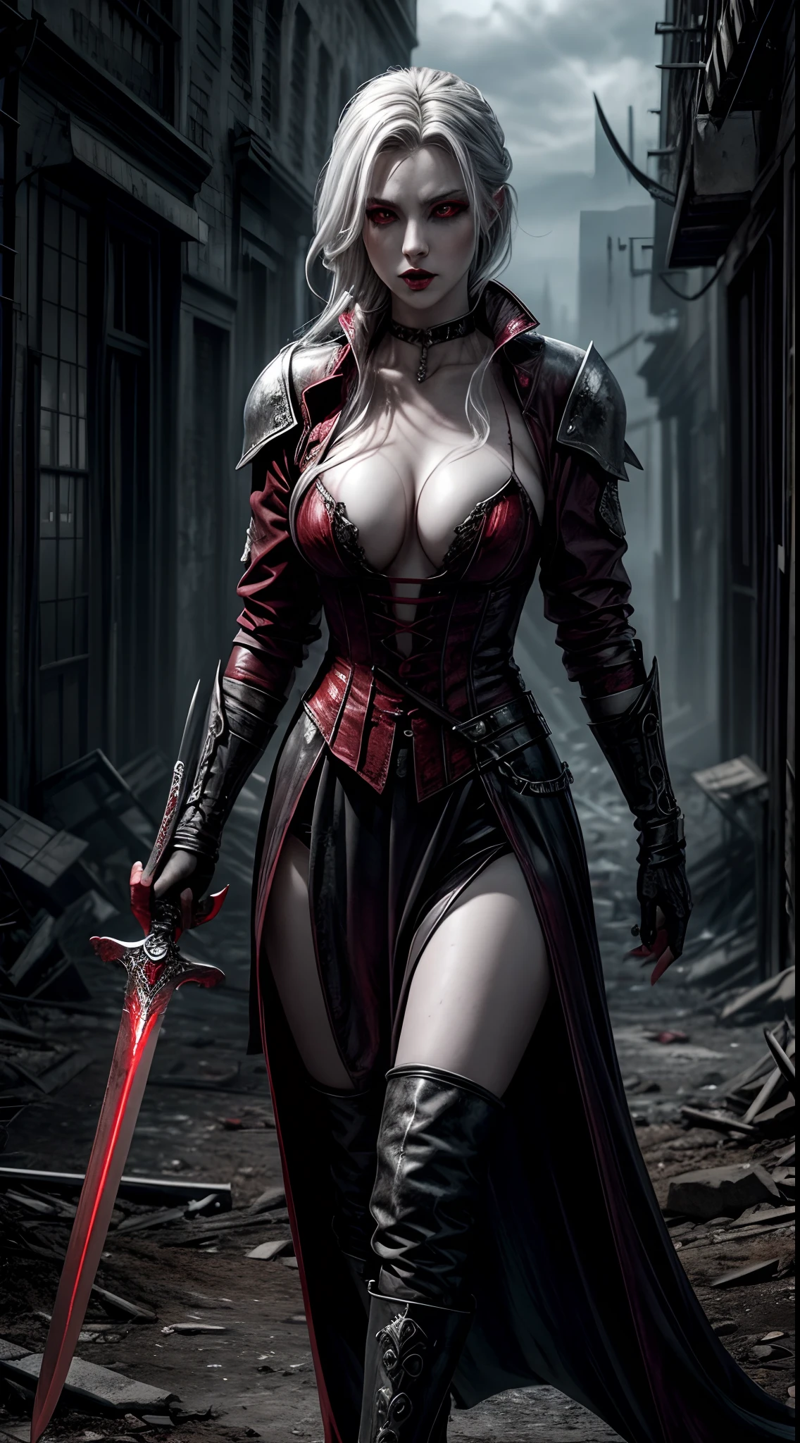 A stunning vampire woman with porcelain skin and piercing red eyes stands tall in a desolate, post-apocalyptic world. She holds a silver stake in one hand and a blood-stained sword in the other, ready to hunt down her vampire brethren.