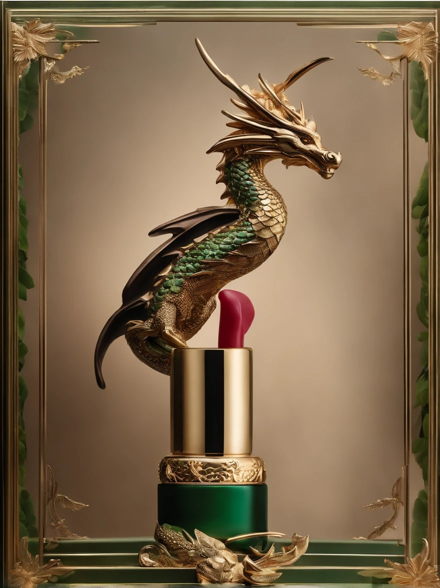 packaging design,(Lipstick packaging),A dragon-shaped lipstick,The background is clean,Dreamy colors,Transparent statue,florals,Big eyes,green color,Serious expressions,((Dragon's horn)),Clear eyes,tmasterpiece,(best qualtiy:1.3),A dragon,full bodyesbian