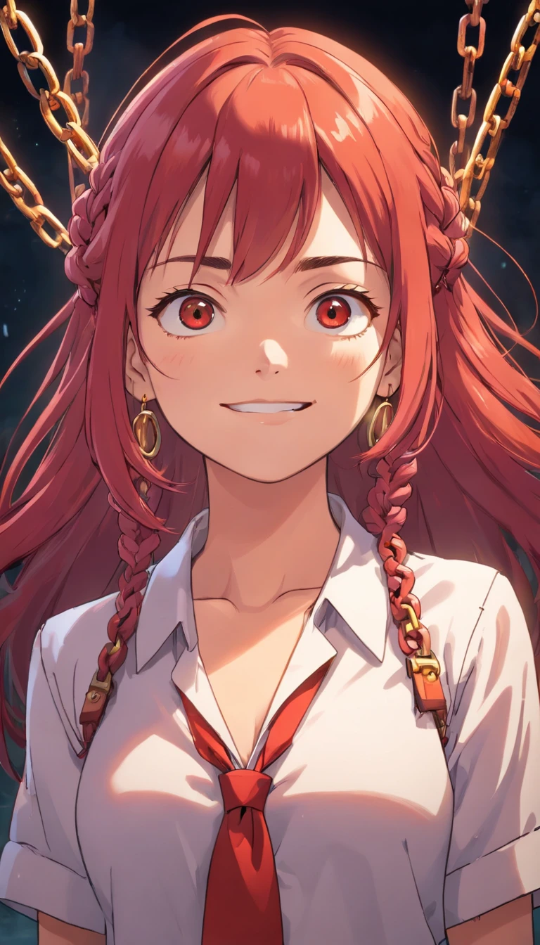 makima with the face of Margot Robbie (chainsaw man), best quality, ultra detailed, 1girl, solo, standing, red hair, long braided hair, golden eyes, bangs, medium breasts, white shirt, tie, look, smile, (bad: 1.2), looking at the viewer, (interview: 1.3), (dark background, chains: 1.3), from above, sharp contrast, beautiful detailed eyes, focus, close up shot