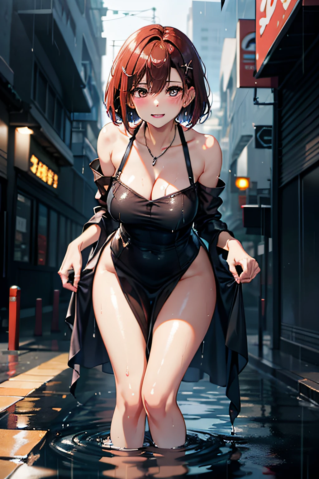 One Girl in the Rain、Blushing cheeks、gazing at viewer、Heavy rain、large full breasts、breast slip、A sheer party dress that adheres to the chest when wet.No umbrella、under the rain、Girl without an umbrella、Wet face,wetted skin、a wet body、wet costume、Wet hair、flower、hair pin、a necklace、piercings、Getting wet and leaning forward、from below looking up、depth of fields、pointed red mouth、(short hair of reddish-brown color wet and shiny,,,,,,,,),Red mouth,鎖骨、Beautiful fingers、Hourglass body、portrait of a full body、Wet cute face、Digital Illustration, (Photorealsitic:1.3),(Raw photo.), (masutepiece,top-quality,Ultra-high resolution output image,) ,(The 8k quality),(Image Mode Ultra HD),