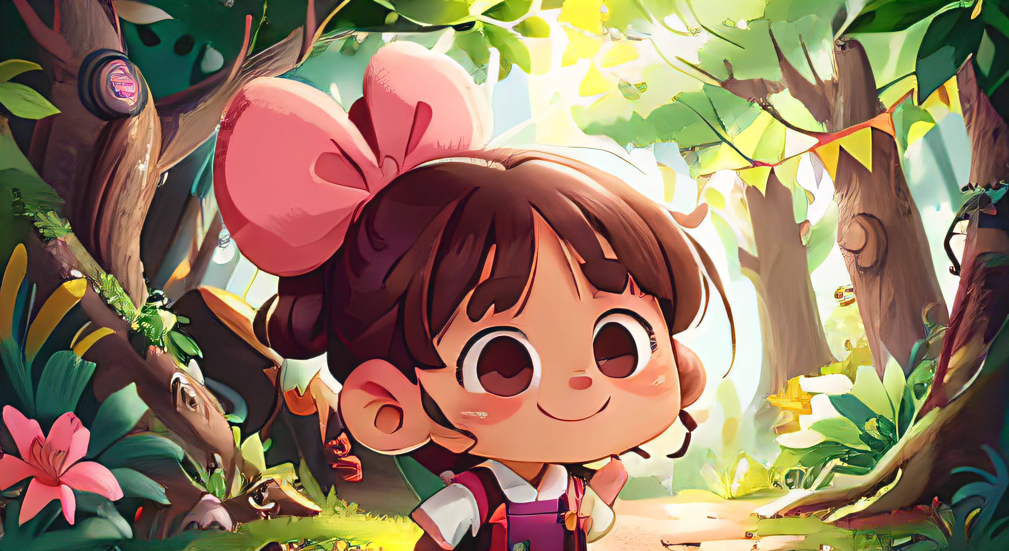 Lily, A 5 girl,Petite, She has a round face,softness, Chubby cheeks and big, Japanese-style eyes. Her brown hair is tied in a ponytail, A few strands of hair fell on her face. She is dressed cutely, A flowing pink dress,The hair has a bright pink warp bow. She has a mischievous smile on her face. she is exploring the forest,perfectquality,Clear focus(Clutter - Home:0.8), (tmasterpiece:1.2) (realisticlying:1.2) (Bokeh) (best qualityer) (Detailed skins:1.3) (complexdetails) (8K) (A detailed eye) (foco nítido),(Have fun)