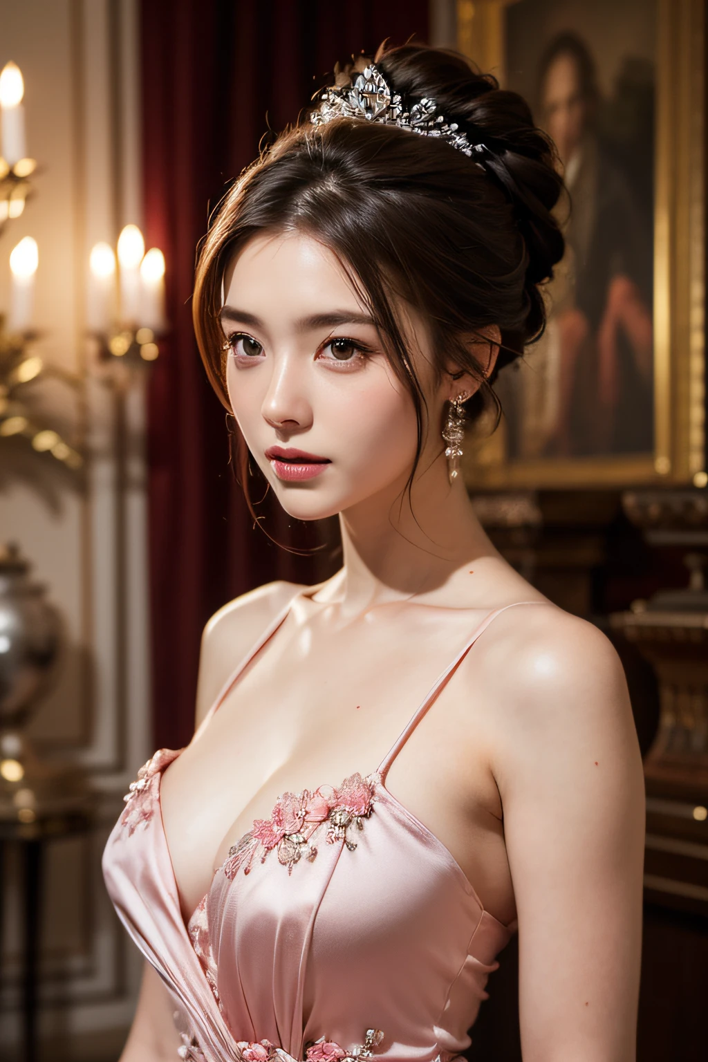 Woman, Serious, Elegant, Pink dress, nobles, Element of silver, Long nails, Bare shoulders, Hairstyle, Hair UP, Braids and ponytails, Messy, Proud, Absurde, detailed dress, royalty, celebration, Hall decorated with flowers, Cowboy Shot, Portrait, (Best Quality), (masutepiece), (Highly detailed), (4K)