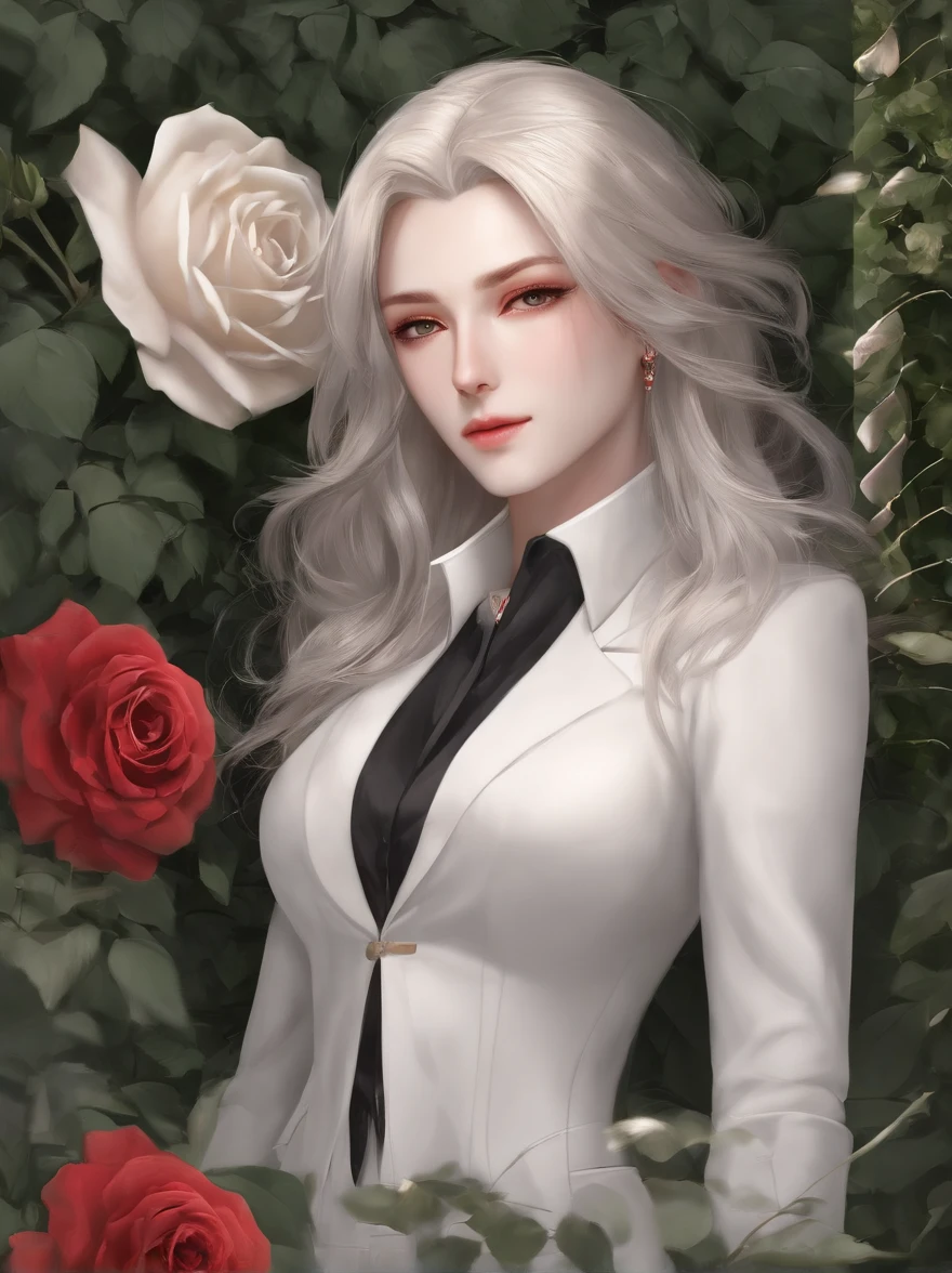 Masterpiece, Highest quality, (solofocus), (Perfect face:1.1), (High detail:1.1), (hyper detail eyes), Dramatic, One has pale skin，A guy with white hair, White eyes, Solo, Long hair, Sephiroth, Moon, Night, white luxury suit, covered navel, pouty lips, fur, Arrogant expression, Rose garden, Detailed background, Art germ, Cinematic lighting, rosette, Fashion, BalenciagaStyle