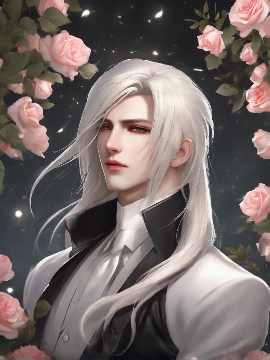 Masterpiece, Highest quality, (solofocus), (Perfect face:1.1), (High detail:1.1), (hyper detail eyes), Dramatic, One has pale skin，A guy with white hair, White eyes, Solo, Long hair, Sephiroth, Moon, Night, white luxury suit, covered navel, pouty lips, fur, Arrogant expression, Rose garden, Detailed background, Art germ, Cinematic lighting, rosette, Fashion, BalenciagaStyle