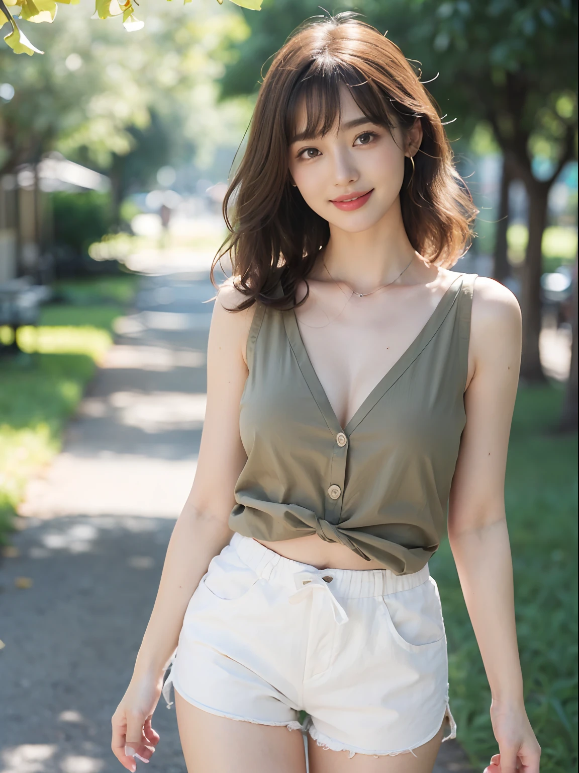 ((((top-quality))))、(((Ultra Precision CG16K Wallpapers)))、(((masterpiece)))、(((ultra-detailliert)))、(((Ultra-extreme details)))、One woman、a matural female、a 25yo woman、((Japanese face))、((extremely beautiful face))、((assist々Kiki:1.8))、((Semi-long cut:1.2))、(curly hair)、Bangs up to the eyebrows、Beautiful brown hair、Beautiful delicate eyes、Brown eyes、lofty nose、small nostrils、seductive lips、slightly open mouth、Beautiful breasts、C-cup size breasts、cleavage of the breast、Plump body、perfectly proportions、perfect anatomia、Beautiful and detailed shading、Beautiful natural lighting、Beautiful detail glow、depth of fields、(((a high chroma)))、((realisitic:1.9))、((Vivid:1.4))、((Beautiful skin))、((Skin texture))、((Realistic skin feeling))、perfect-composition、((cowboy shot))、((View from the front))、((a smile:1.2))、(Staring eyes)、Bright sunshine、((Walking along the ginkgo trees:1.2))、(Background blur)、((Khaki cotton shirt:1.5))、(sleeveless)、((White cotton shorts:1.5))、(a necklace)、(耳Nipple Ring)、((beautiful thigh:1.5))、NSFW、
