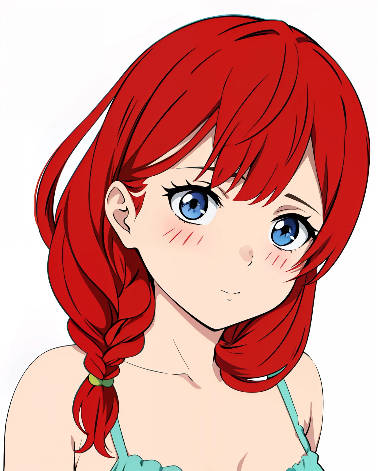 Anime girl red hair, 1braid on her right shoulder in the bra