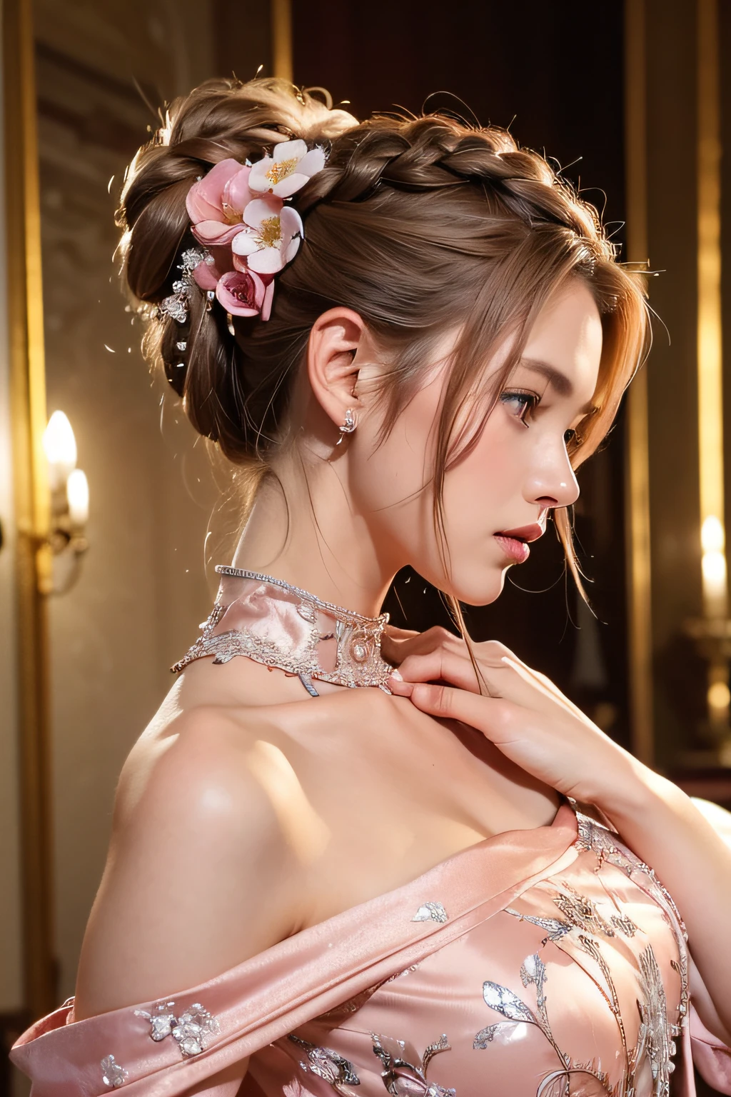 Woman, serious, elegant, pink dress, aristocratic, Silver elements, long nails, bare shoulders, Hairstyle, hair up, Braid and ponytail, messy, Arrogant, absurd, detailed dress, royalty, celebration, Hall decorated with flowers , cowboy shot, portrait, (Best quality), (Masterpiece), (very detailed), (4K),