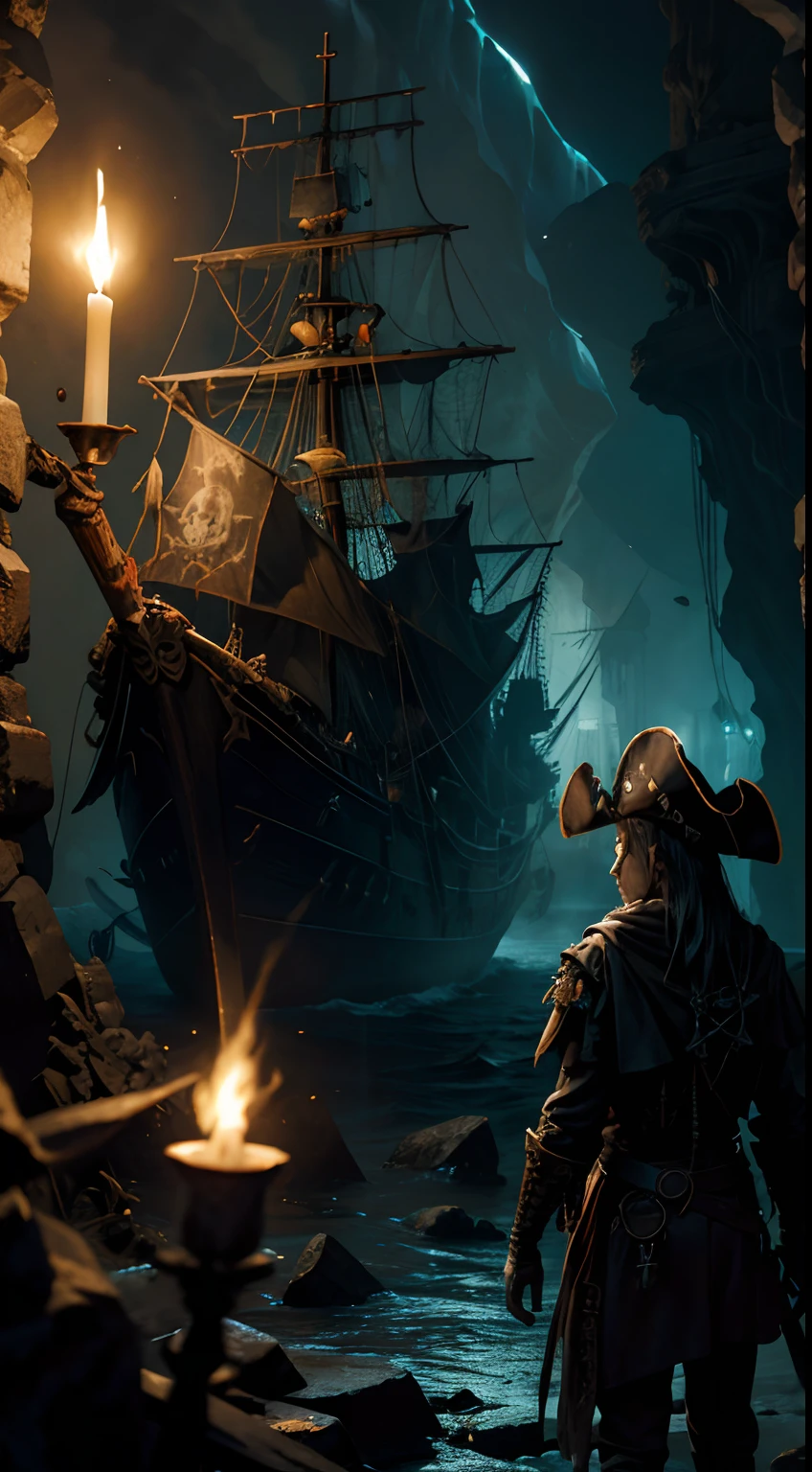 calaveras pirata, cueva
(ultra-detailed, highres, photorealistic:1.2), dark and mysterious, pirate skull, treasure chest, flickering candlelight, crystal formations, hidden passageways, eerie atmosphere, ancient artifacts, skeletal pirate crew, shimmering gold coins, ominous shadows, secret map, pirate flags, dripping water, hidden treasure, skull and crossbones, skeletal hands, worn and weathered, ghostly whispers, flickering torches, ominous rumblings, hidden dangers, pirate ship wreckage, eerie silence, glowing pirate eyes, echoing footsteps, moonlit cavern, swaying seaweed, stalactites and stalagmites, shimmering pirate hat, ominous laughter, hidden traps, eerie glow, mysterious aura, crumbling walls, hidden passages, treasure hoard, salty ocean breeze, dark tunnels, haunting echoes, mysterious symbols, abandoned ship, pirate's booty