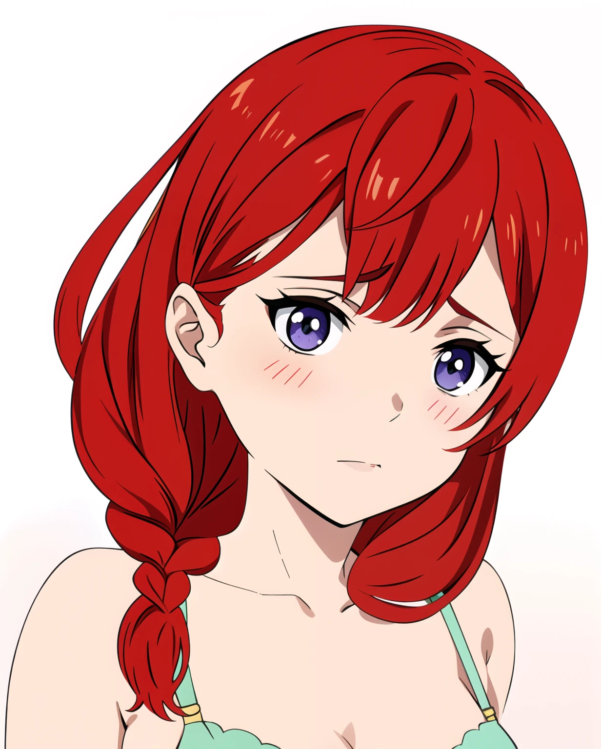Anime girl red hair, 1braid on her right shoulder in the bra