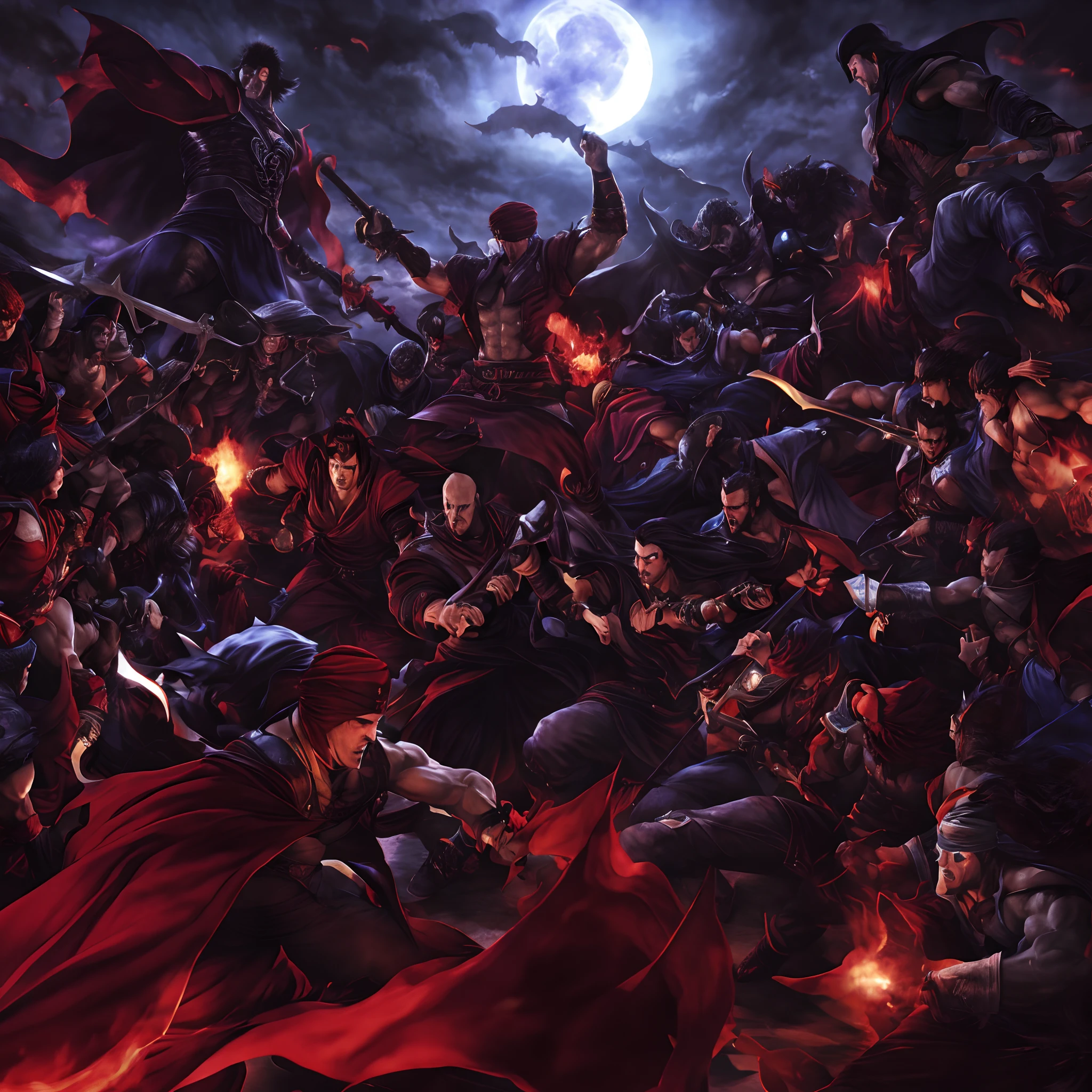 Moroccan Arabic Castlevania Shadow Lords Hyper Realistic Super Detailed Dynamic Shot Master Dracula Handsome Muscular Kenshiro with Red Turban Ferocious Gaze Cutscenes Leading the Demonic Army Troops into Battle Hokuto no Ken Muscular Style