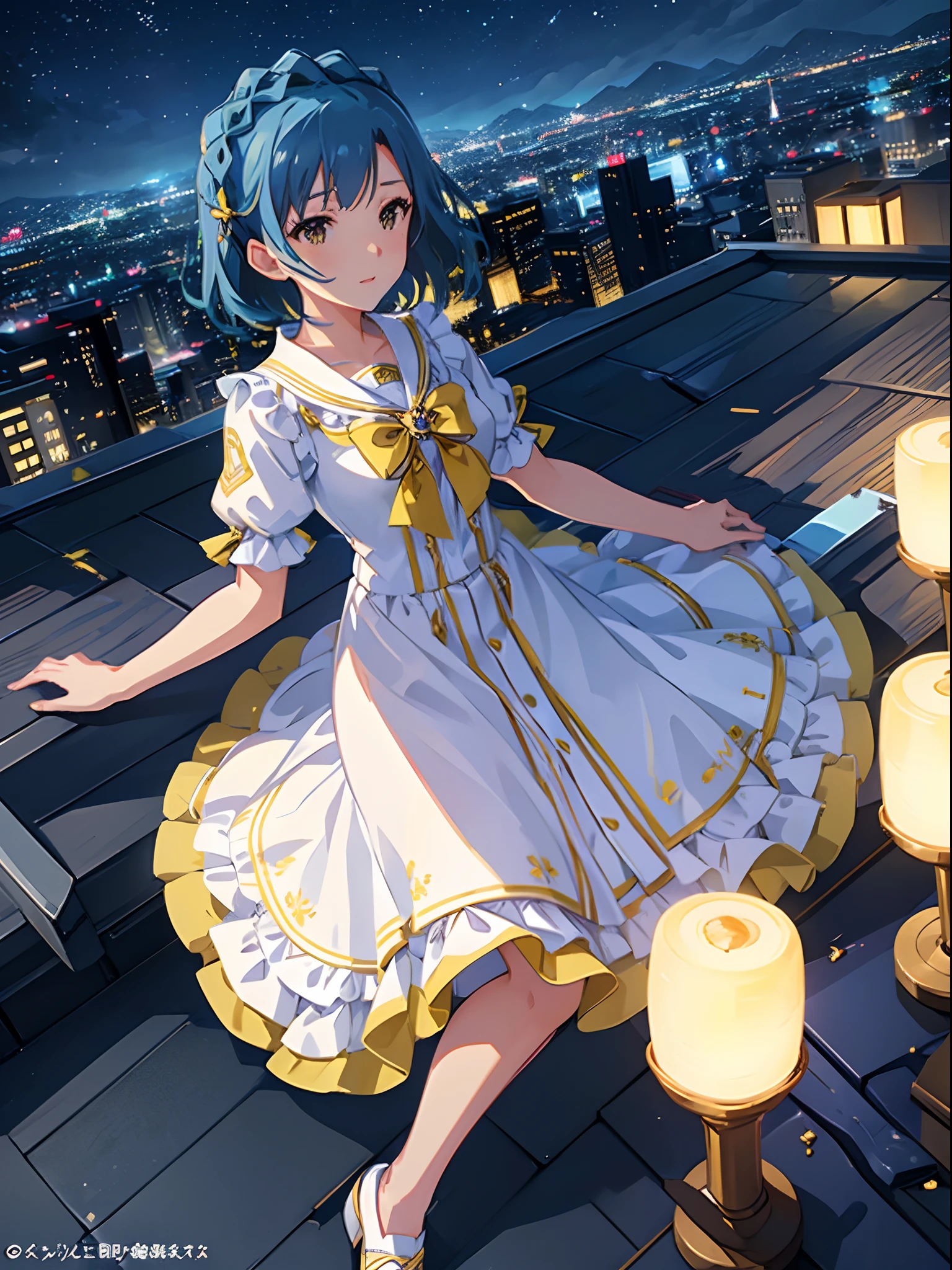 yuriko nanao (million live), 1 girl, Solo, Best Quality, masutepiece, 8K, High resolution, Ultra-detailed, (((It is located on the rooftop, Night view))), lightsmile, Light blue dress, Sailor Color Dress, Short sleeves, Puffy sleeves, Yellow cardigan,