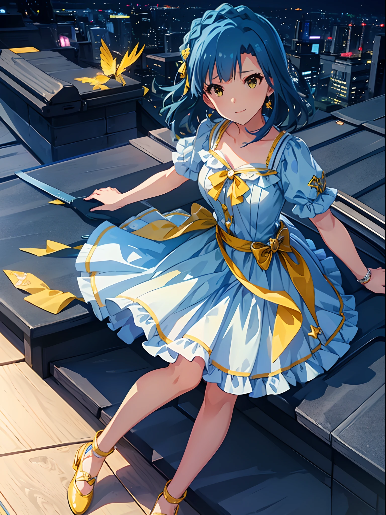 yuriko nanao (million live), 1 girl, Solo, Best Quality, masutepiece, 8K, High resolution, Ultra-detailed, (((It is located on the rooftop, Night view))), lightsmile, Light blue dress, Sailor Color Dress, Short sleeves, Puffy sleeves, Yellow cardigan,