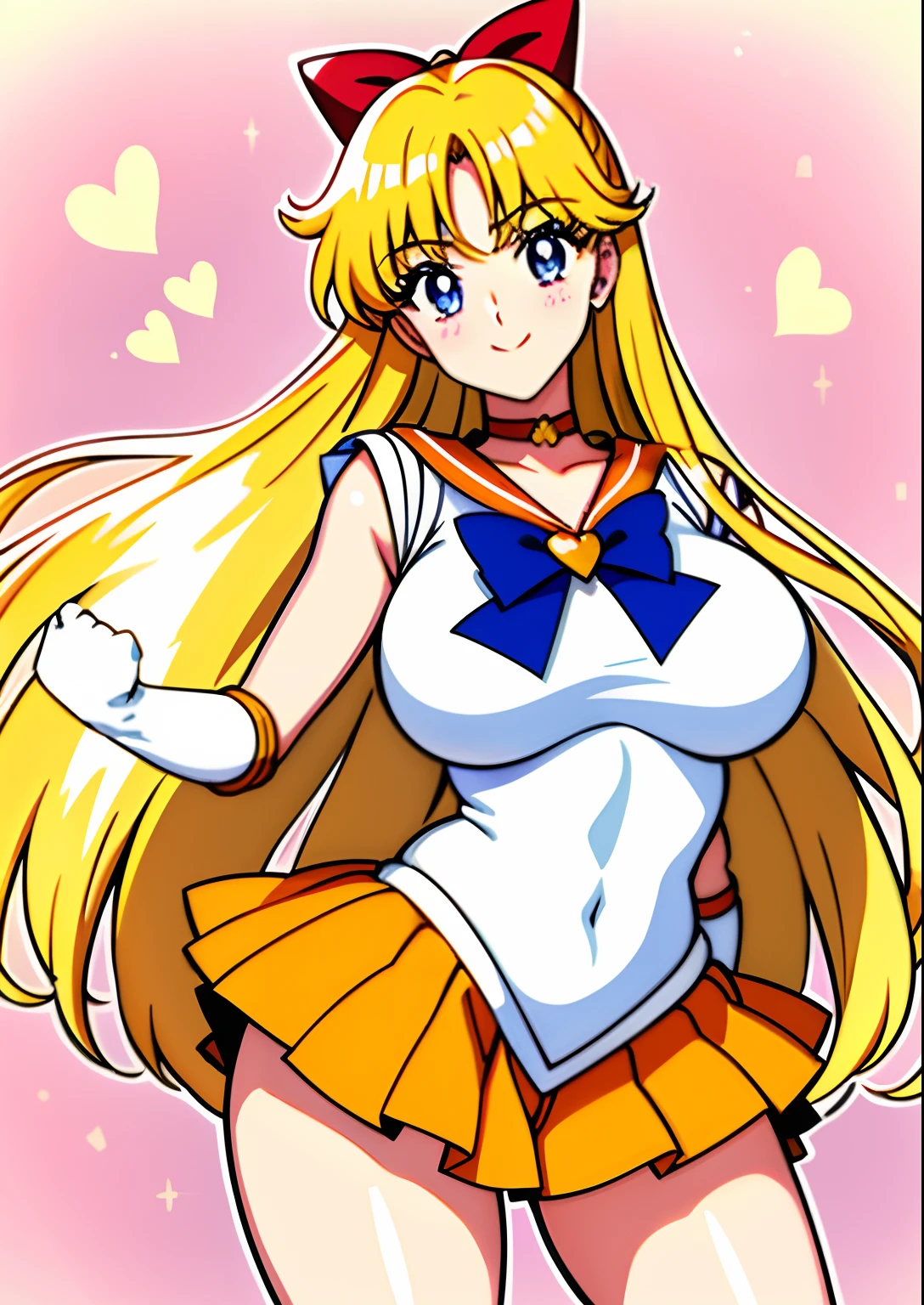 aino minako、Sailor Senshi Uniform、Anime Aunt、A MILF、a matural female、Older、age 40s、MILF、orangechoker、gold choker、elbowgloves、sailorvenus、Very long blonde woman、Orange miniskirt、Gold miniskirt、 white glove、Orange sailor collar、Gold sailor collar、solo、Woman with very large breasts、huge tit、Red ribbons、White leotard、highleg、highleg leotard、robe blanche、purple bowtie、magical little girl、耳Nipple Ring、smile、heart_background、star_background、traditional_media、jewelry、circlet、Blue-eyed woman、looking_at_viewer、shiny、Half Up Hair、mature_female、rating:questionable、closed_mouth、pleatedskirt、wide-hips、cowboy_shot、impossible_clothes、bangs、shiny_skin、violet_background、Woman standing、eyebrows_visible_through_hair、shiny_hair、blush、rating:safe、bare legs、Bare shoulders、1990's\(styles\)