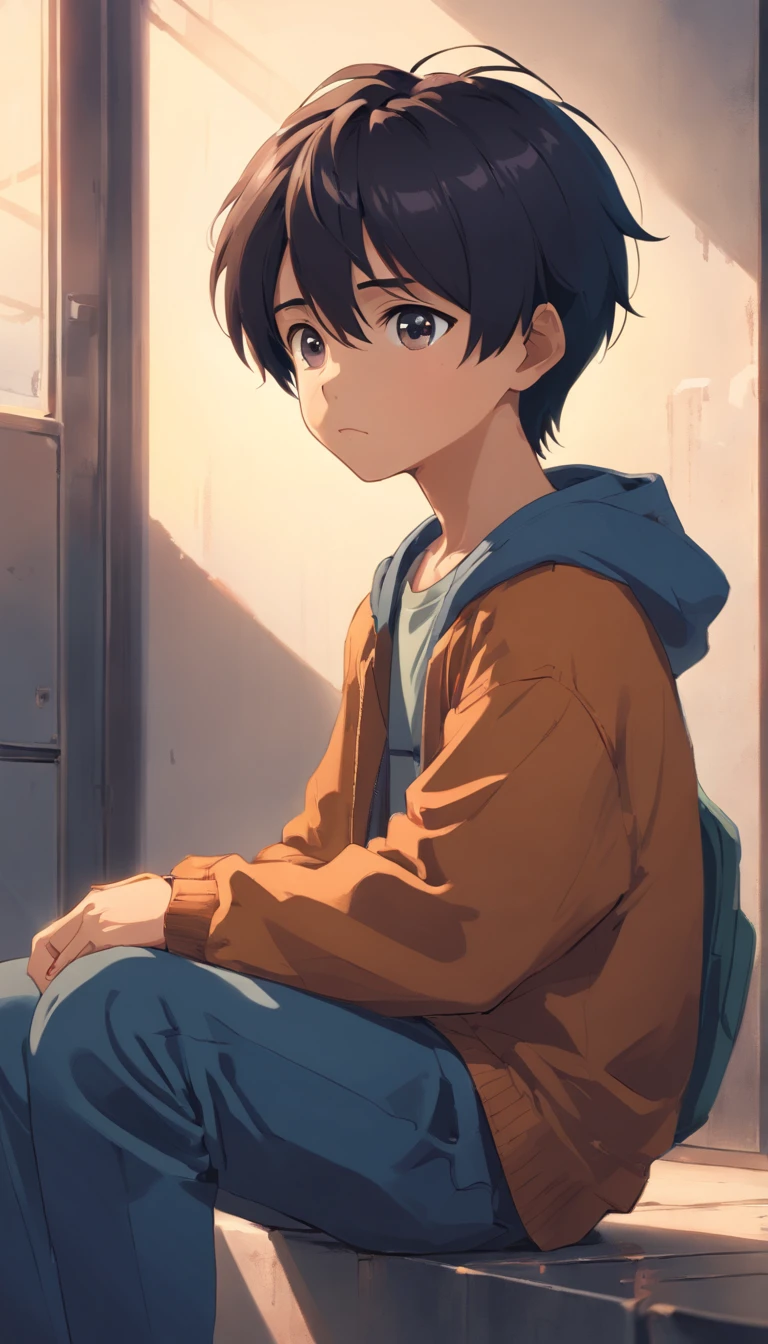a poor little boy sitting, sad eyes, sad face, helpless, sad, detailed face, black hair, portrait