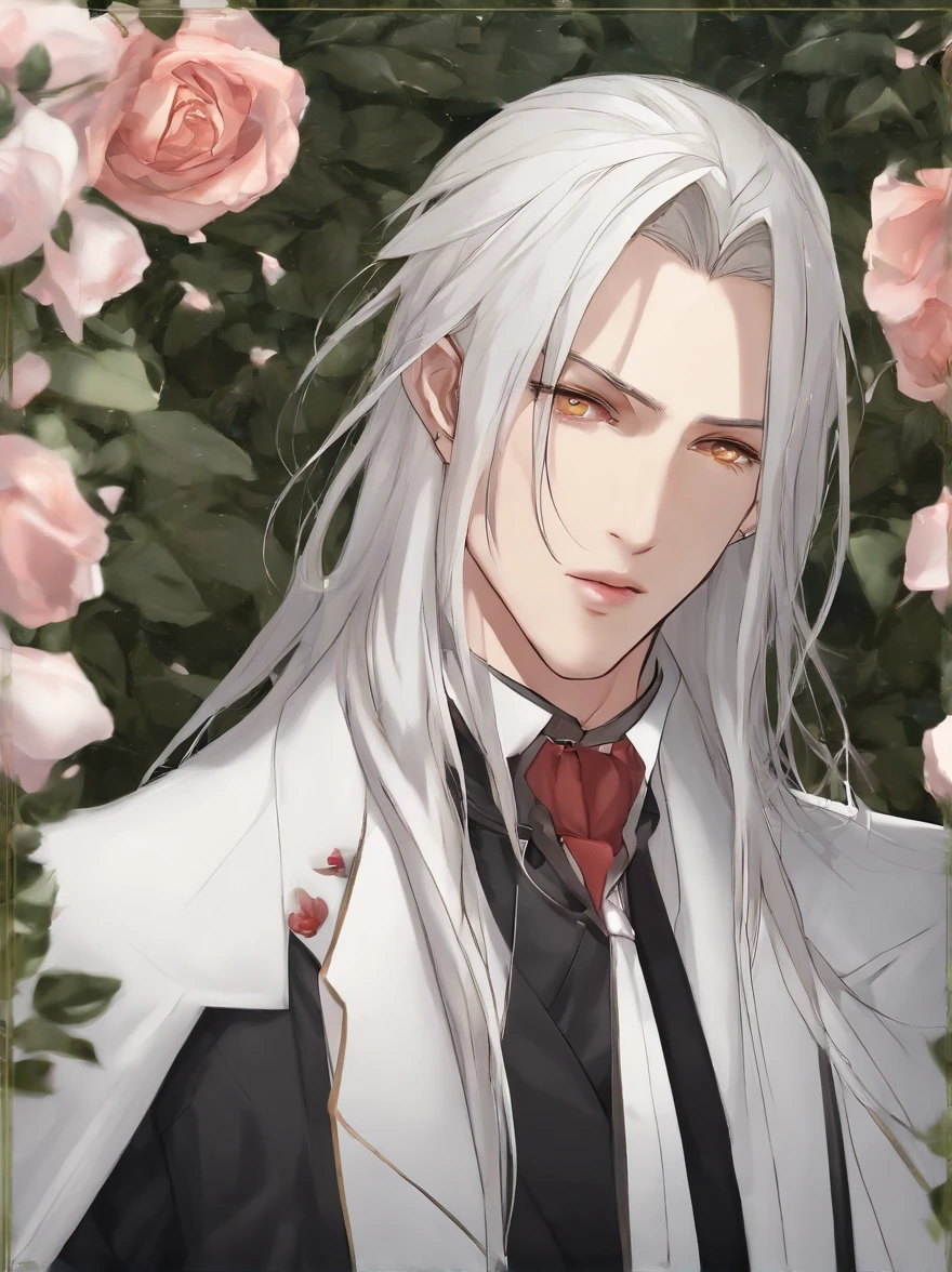 Masterpiece, Highest quality, (solofocus), (Perfect face:1.1), (High detail:1.1), (hyper detail eyes), Dramatic, One has pale skin,A white-haired guy, White eyes, Solo, Long hair, Sephiroth, Moon, Night, white luxury suit, covered navel, pouty lips, fur, Arrogant expression, Rose garden, Detailed background, Art germ, Cinematic lighting, rosette, Fashion, BalenciagaStyle