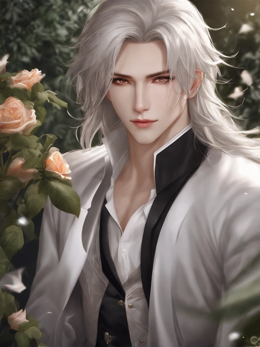 Masterpiece, Highest quality, (solofocus), (Perfect face:1.1), (High detail:1.1), (hyper detail eyes), Dramatic, One has pale skin,A white-haired guy, White eyes, Solo, Long hair, Sephiroth, Moon, Night, white luxury suit, covered navel, pouty lips, fur, Arrogant expression, Rose garden, Detailed background, Art germ, Cinematic lighting, rosette, Fashion, BalenciagaStyle
