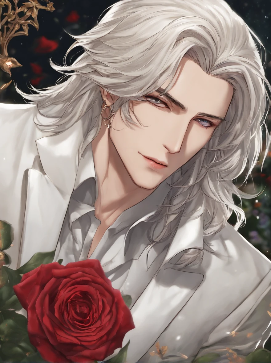 Masterpiece, Highest quality, (solofocus), (Perfect face:1.1), (High detail:1.1), (hyper detail eyes), Dramatic, One has pale skin，A white-haired guy, White eyes, Solo, Long hair, Sephiroth, Moon, Night, white luxury suit, covered navel, pouty lips, fur, Arrogant expression, Rose garden, Detailed background, Art germ, Cinematic lighting, rosette, Fashion, BalenciagaStyle