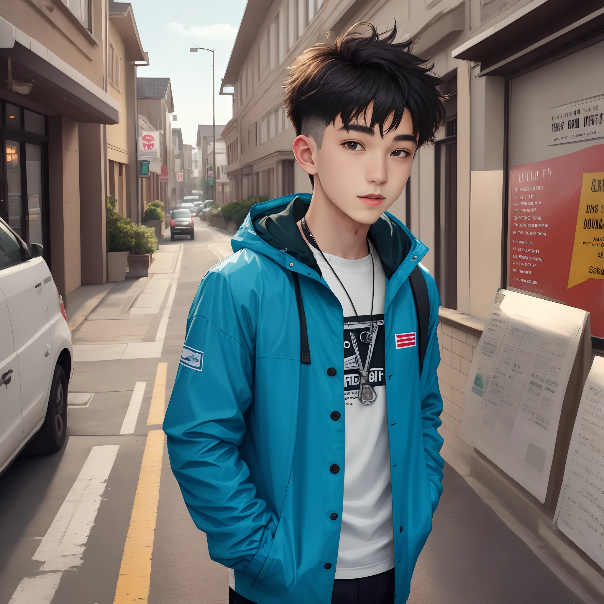 Generate a korian boy holding dagger in right hand.
Outfit: White and blue cybordpuck with clear and not hidden print "smokers".
Background realistic