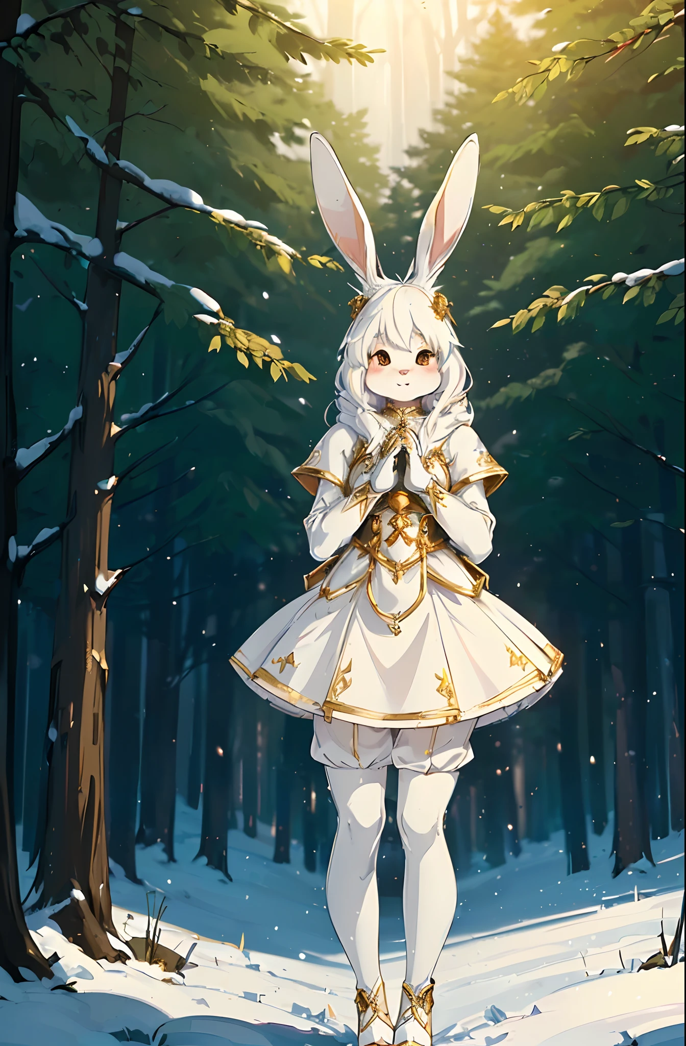 (((One humanoid bunny, furry))), ((white bunny)), ((black details on body)), praying, (in a snowy forest), standing, ((fantasy cleric outfit, gold details)), (((long skirt)), ((fantasy cleric long pants)), ((pretty humanoid face)), ((bunny furry paw legs)), ((invernal outfit))