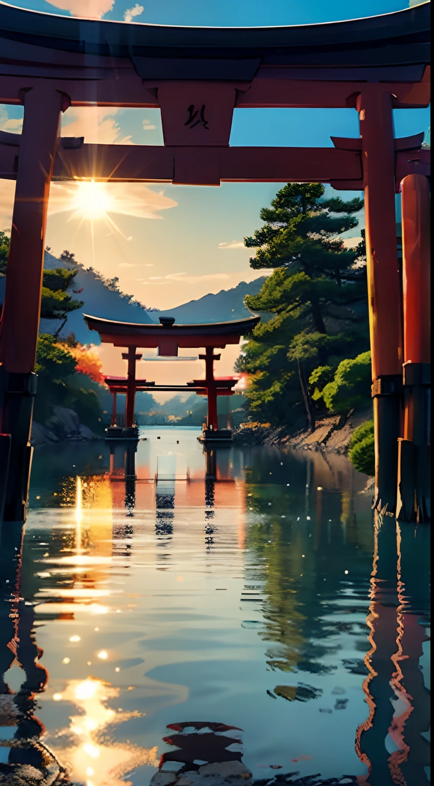 (Torii gate on the lake、The glow of the sun、shores)、shrines