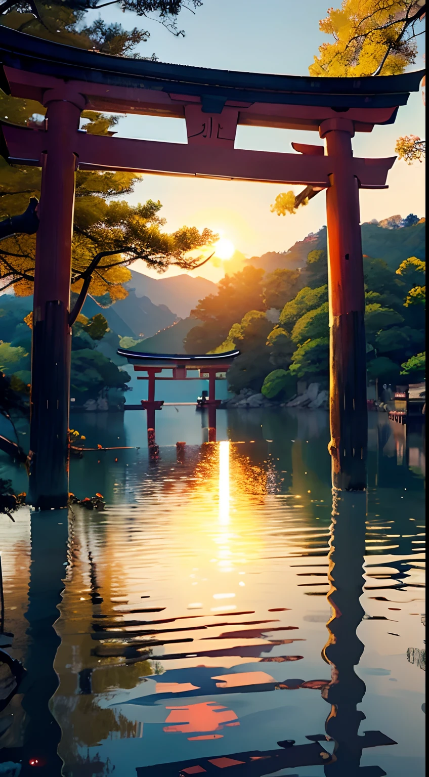 (Torii gate on the lake、The glow of the sun、shores)、shrines