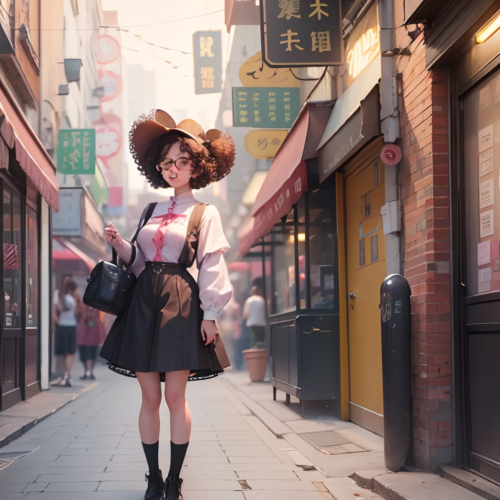 girl by pop mart,chinese,Brown curlyhair,black bigglasses,Rabbit shoes,(FLS),pastel color,mockup,fine luster,clean background,3D render,Soft focus,oc,blender,IP,best quality,8k --auto --s2