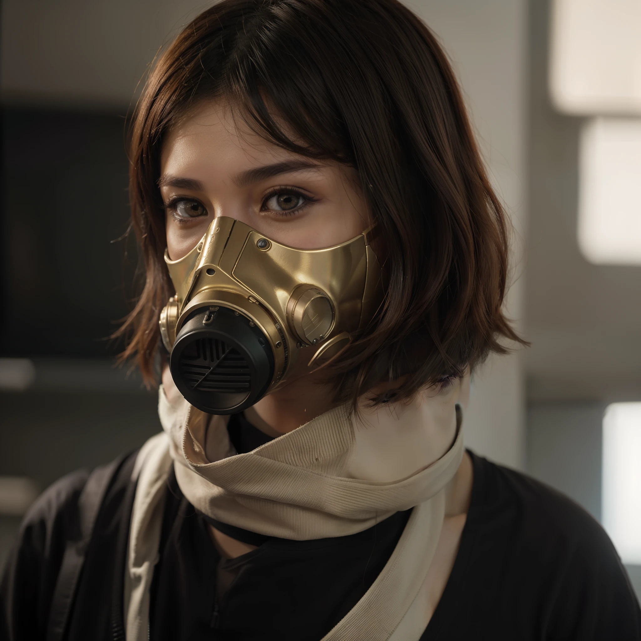Young malay girl of 20 years of age, golden brown short hair, bob haircut with bangs, gran trasero y grandes senos, cabello color rojo, usando una sudadera blanca, con capucha, with a Cyberpunk-style gas mask, muy detallado cg, textura detallada, hiperrealista, 8 k resolution, 32k resolution, cinematic lighting, high resolution, ojos color verde intenso, shallow depth of field, cinematic color, cinematic lighting, eye level shot, smoke effect,